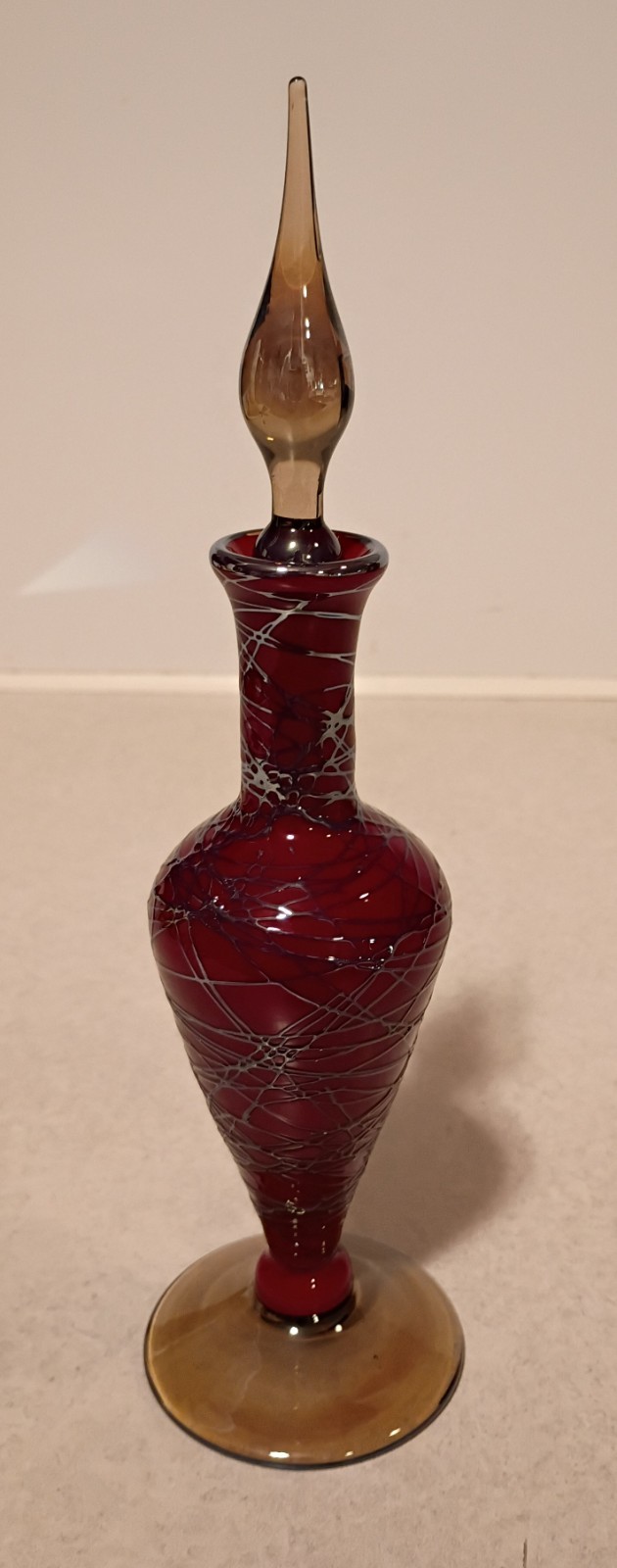 Mint Stunning Vintage 1984 Signed Lundberg Red Threaded Art Glass Perfume Bottle