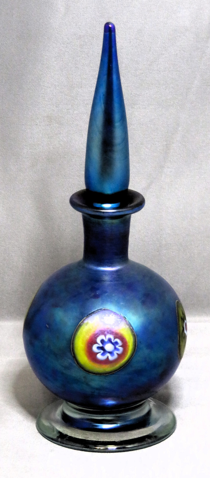 EXQUISITE Iridescent BLUE Blown Art Glass Perfume Bottle High End Quality 7″ EXC