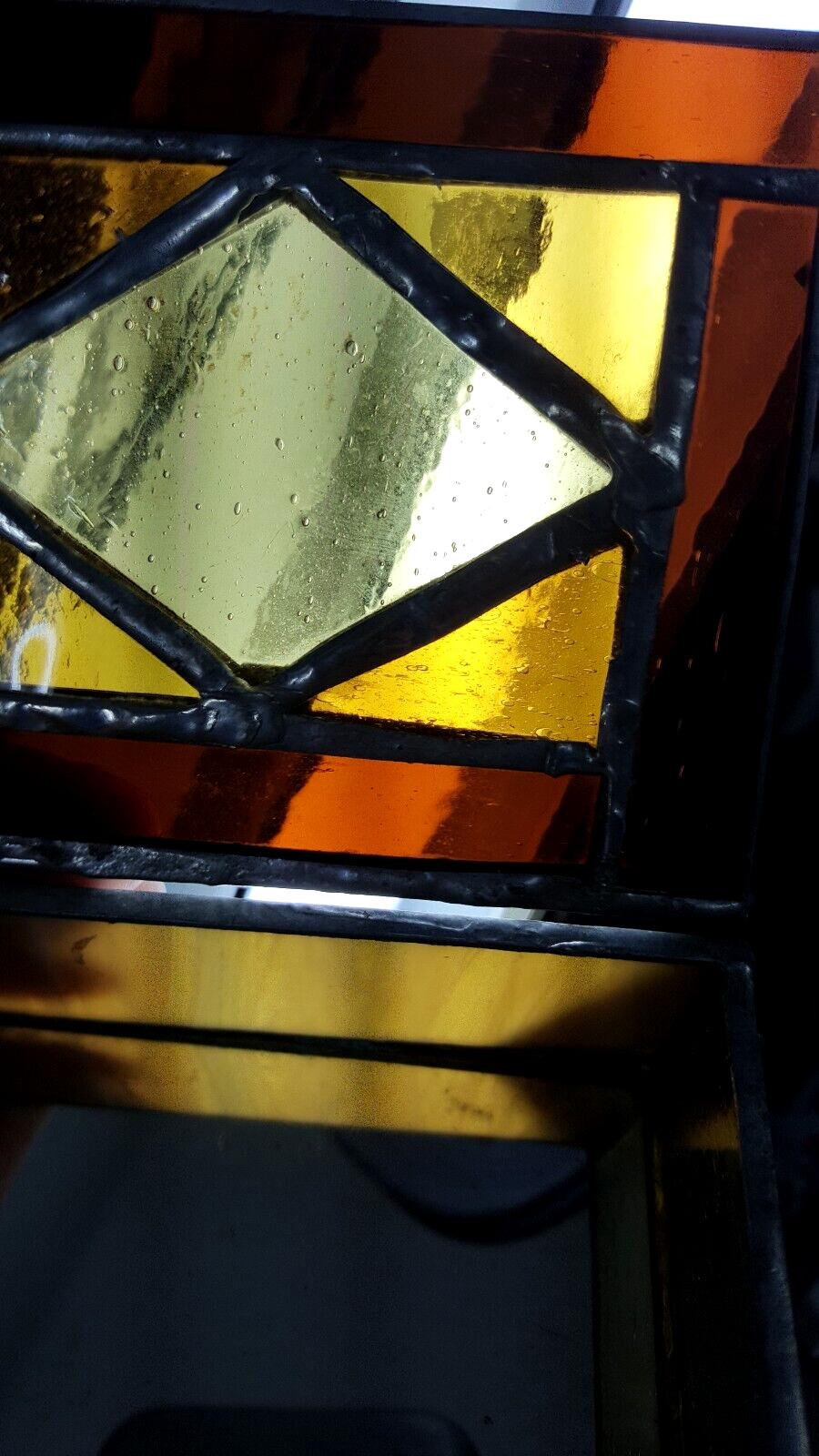 HANDMADE LEADED STAINED SLAG AMBER GLASS TRINKET JEWELRY BOX MIRRORED HINGED LID