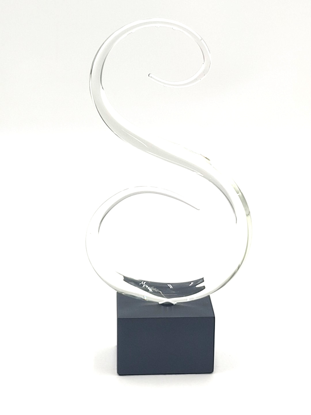 Modern Abstract Swirl Glass Sculpture On Black Base Acid Etched Signed Whitfield
