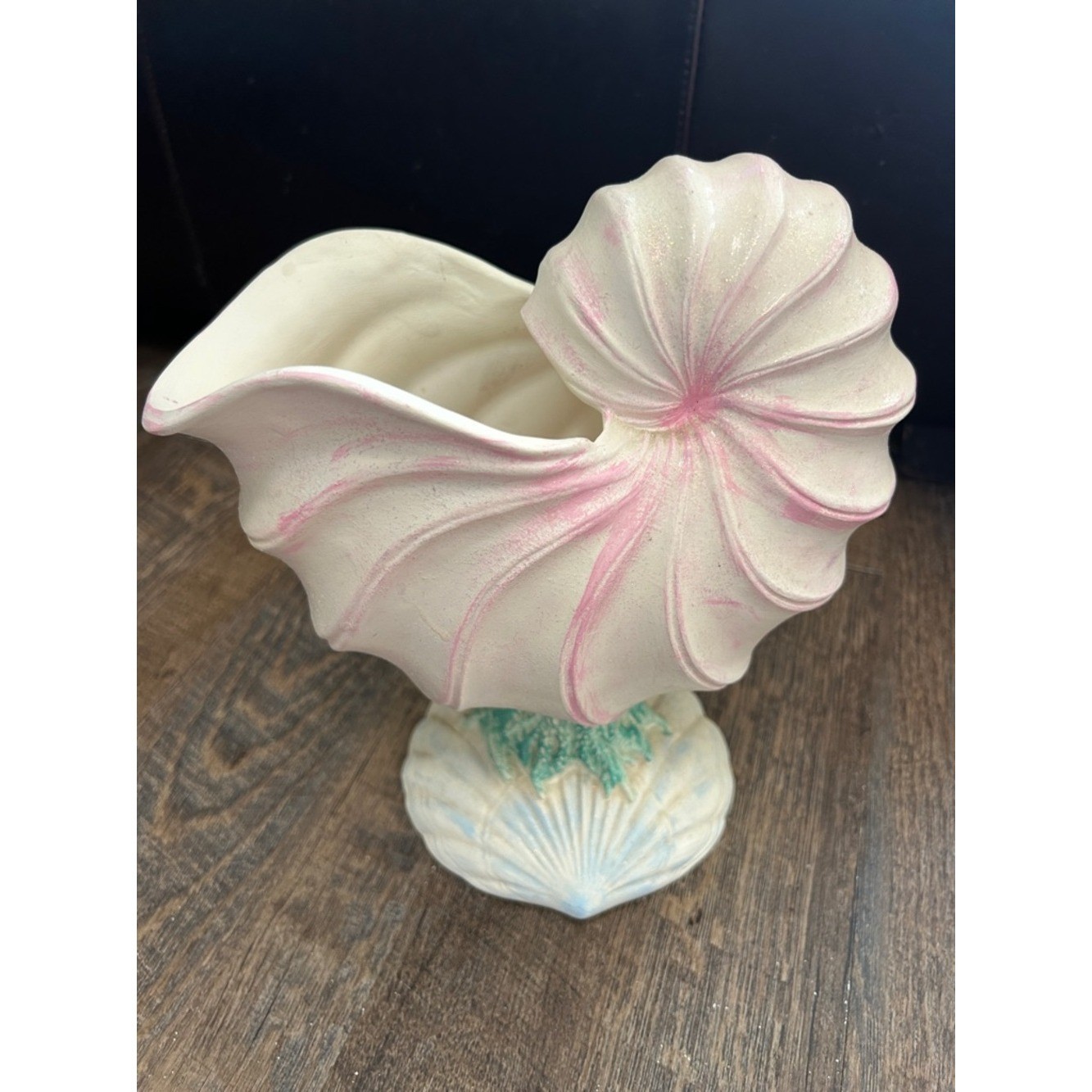 Vintage Camark Pottery Pink Cream Nautilus Shell Planter Art Deco Coastal Vase