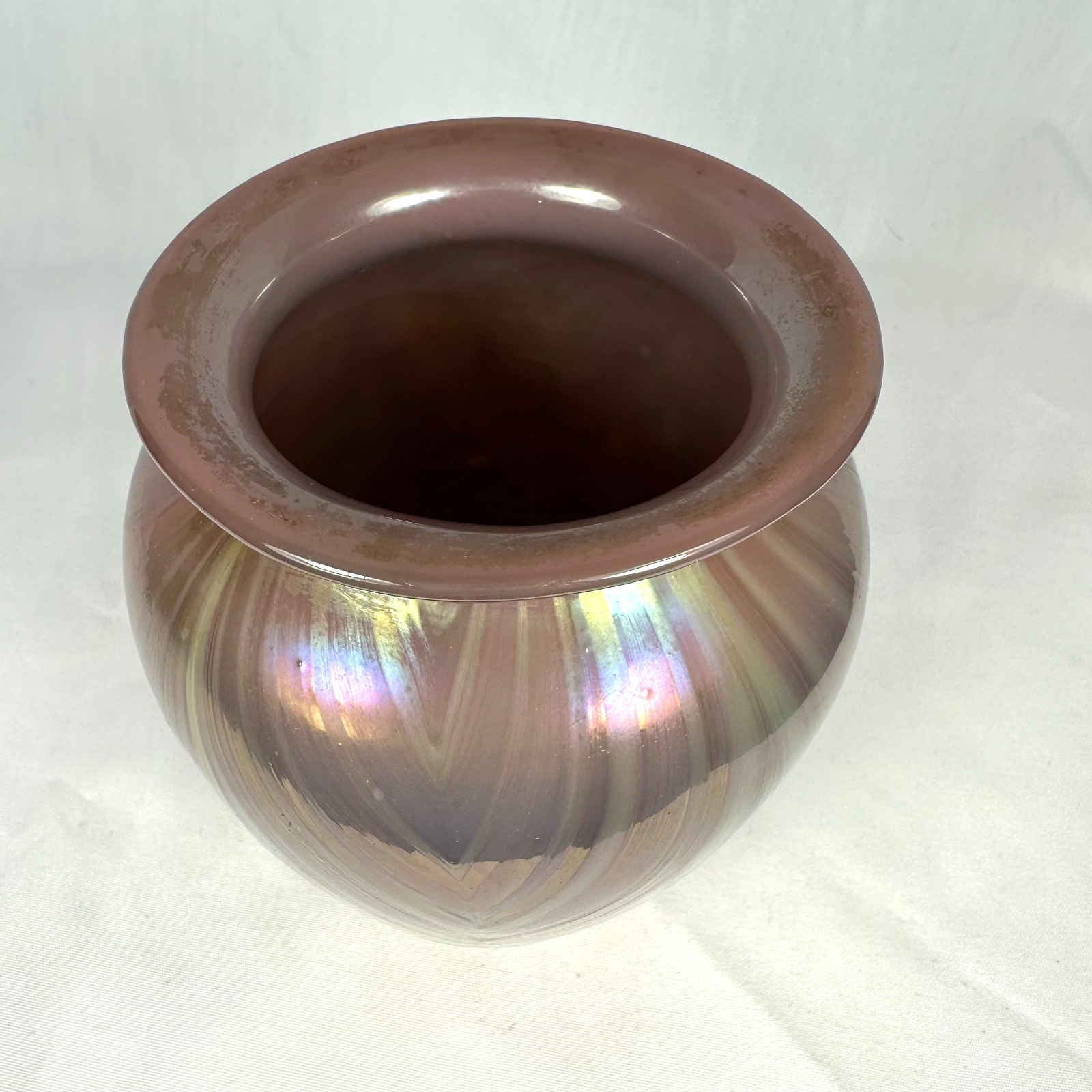 Charles Lotton 1972 Studio Art Glass Vase Iridescent Pulled Feather 5.75″