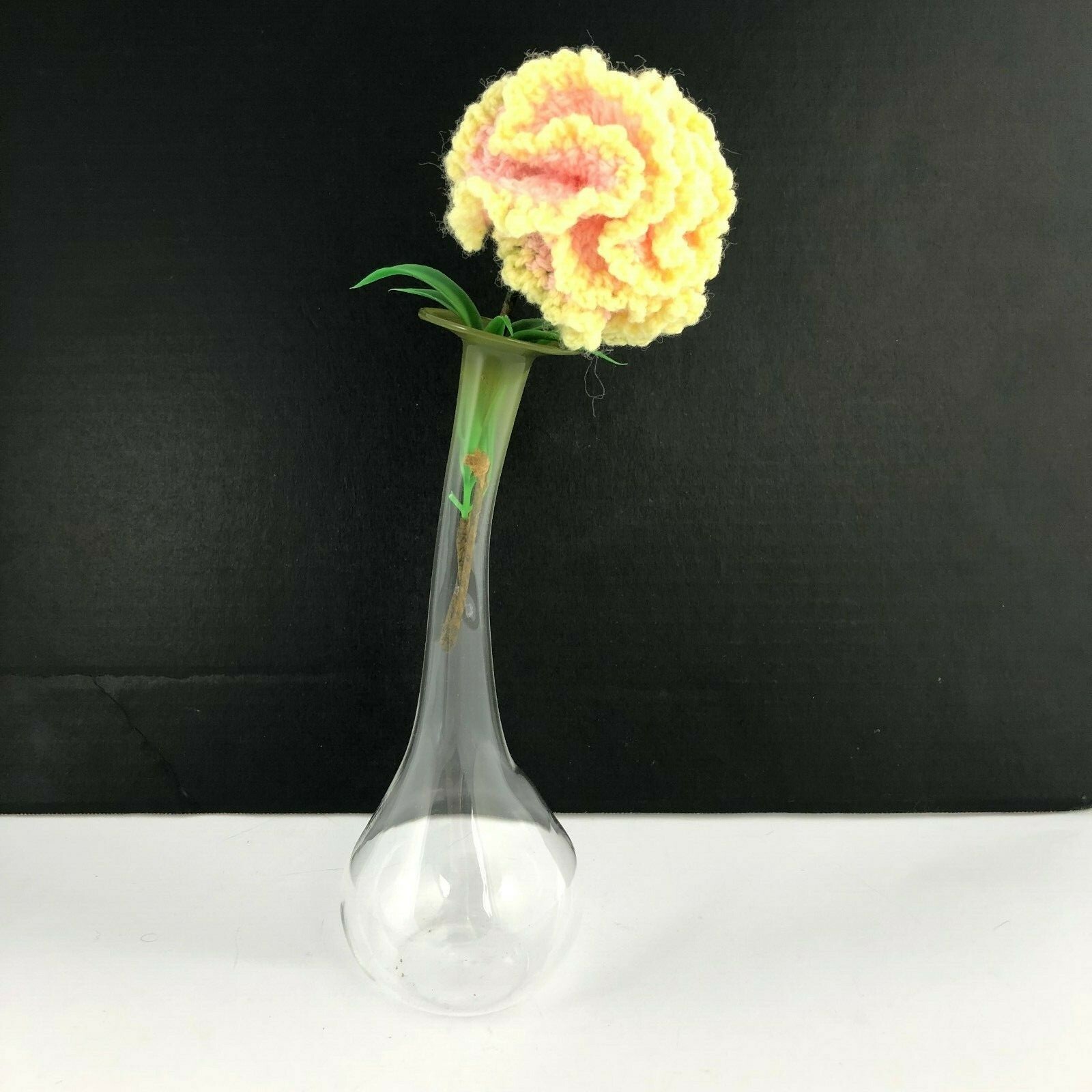 Art Glass Bud Vase Crystal Clear w Long Bent Neck and Green Lip Blown Handmade