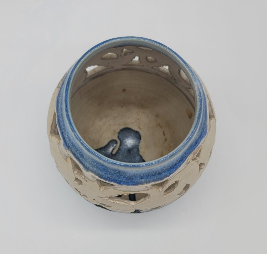 Blue Studio Art Pottery Carved Stoneware Lantern Luminary Vase CandleHolder Judy