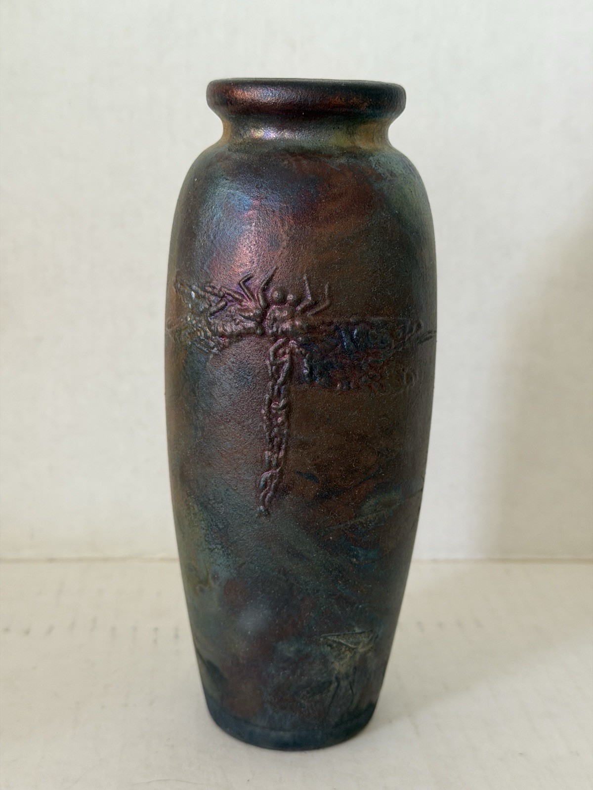 Vintage Artist Iridescent Raku Pottery Vase 7 Inches 3D Mystical Dragonfly