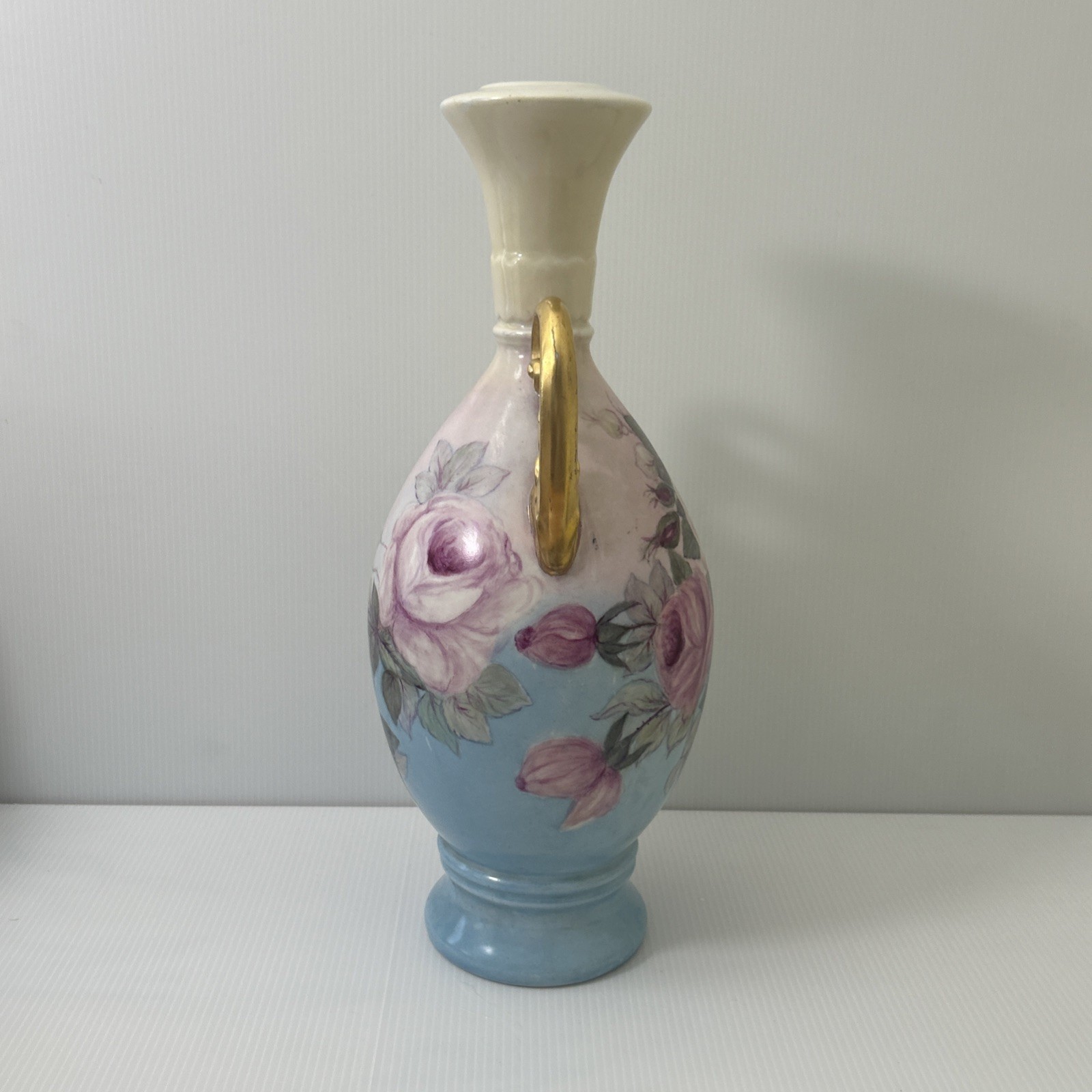 Vintage Nippon Hand Painted Porcelain Vase Gilded Gold Double Handles Pink Roses