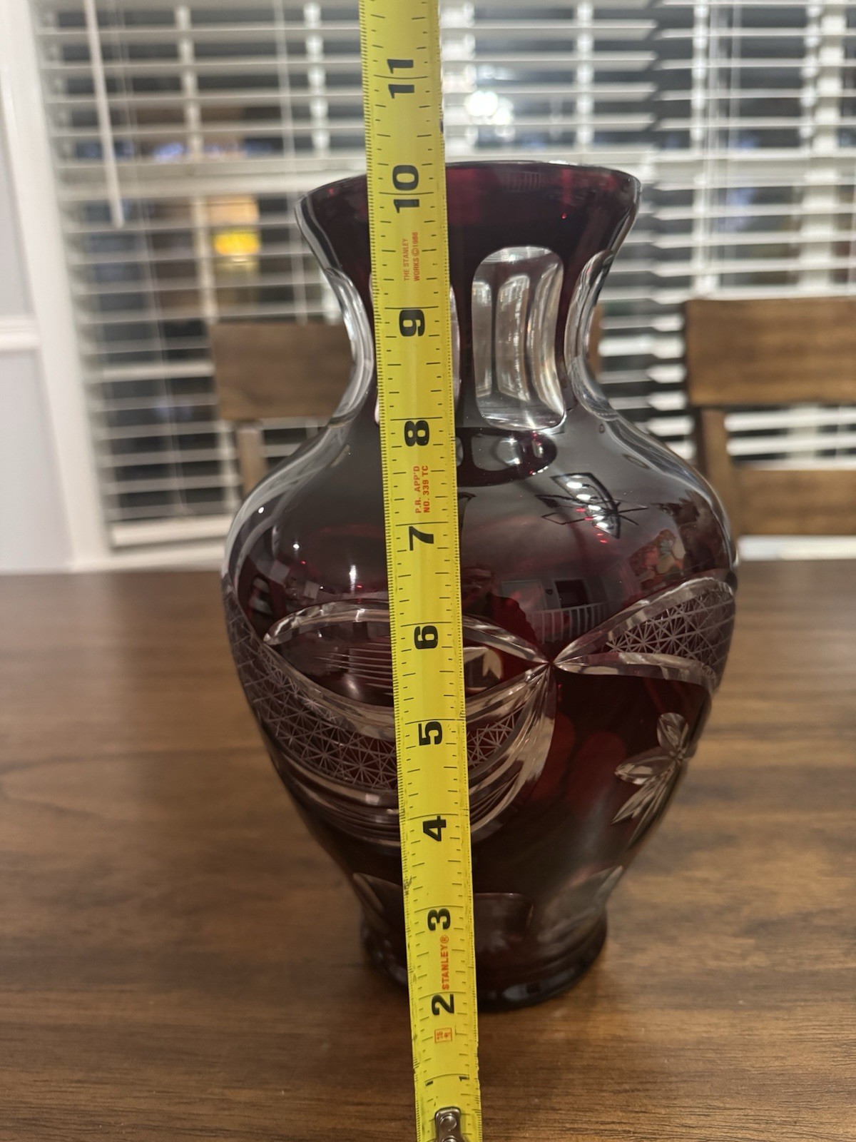 VTG Bohemian Ruby Red “Cut to Clear” Glass Vase 10”
