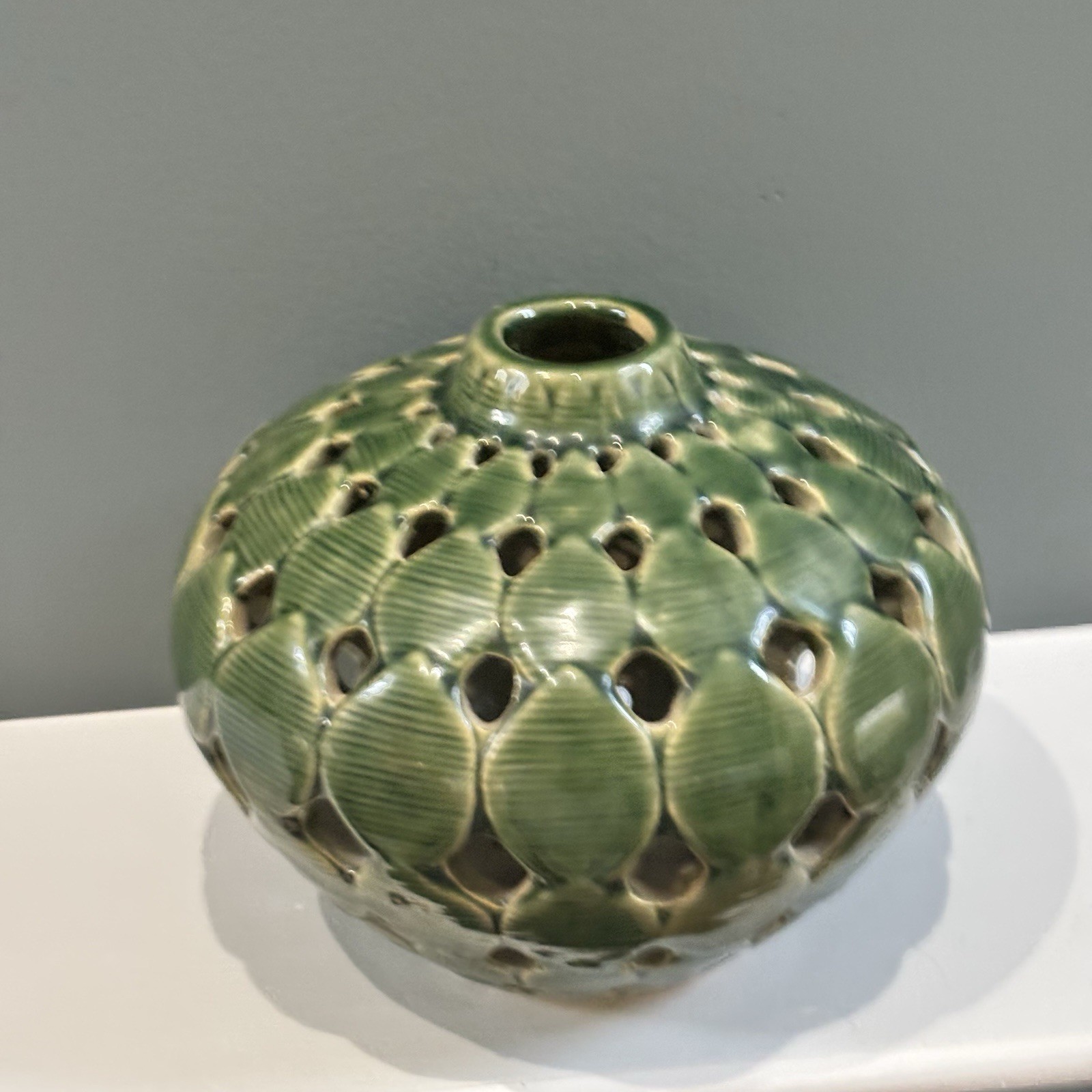 Vintage Green Leaf Reticulated Textured Vase 6.5” Tall, 8” Wide