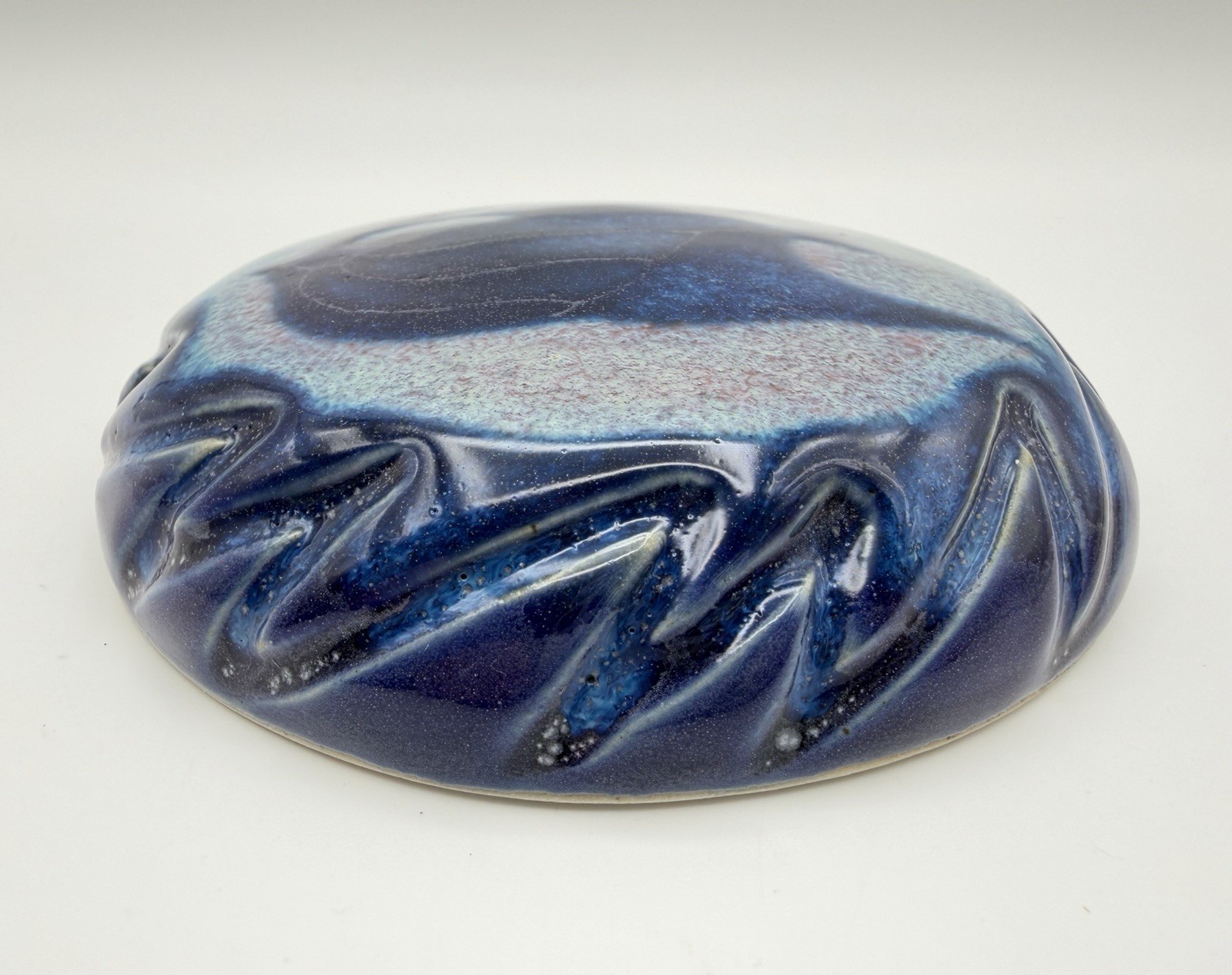 Studio Art Pottery Blue Glazed Lidded Trinket Box with Fish 4.5” Signed Susan