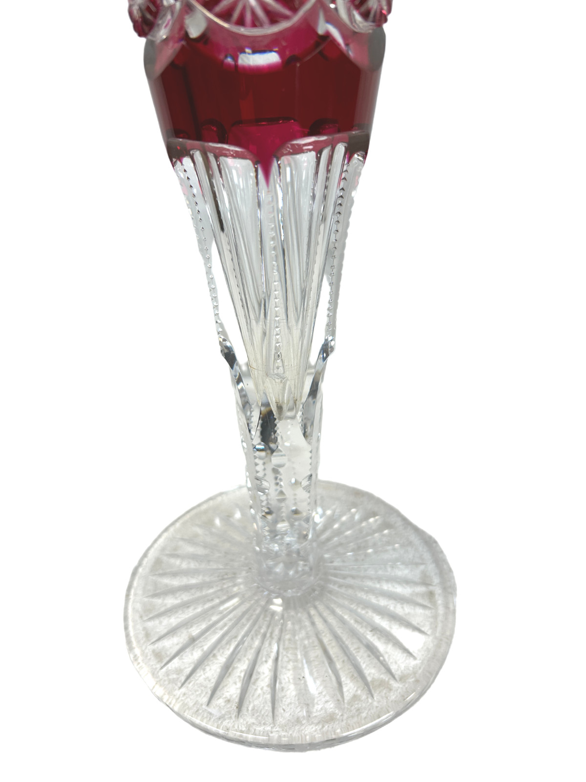 1900s Libbey Brilliant Period Cranberry Cut to Clear Harvard Pattern 14″ Trumpet