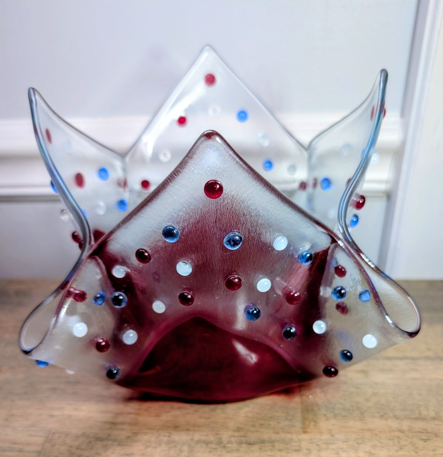 Handkerchief Bowl Vase Red Clear w/ Red White Blue Polka Dots Art Glass 7″ Tall