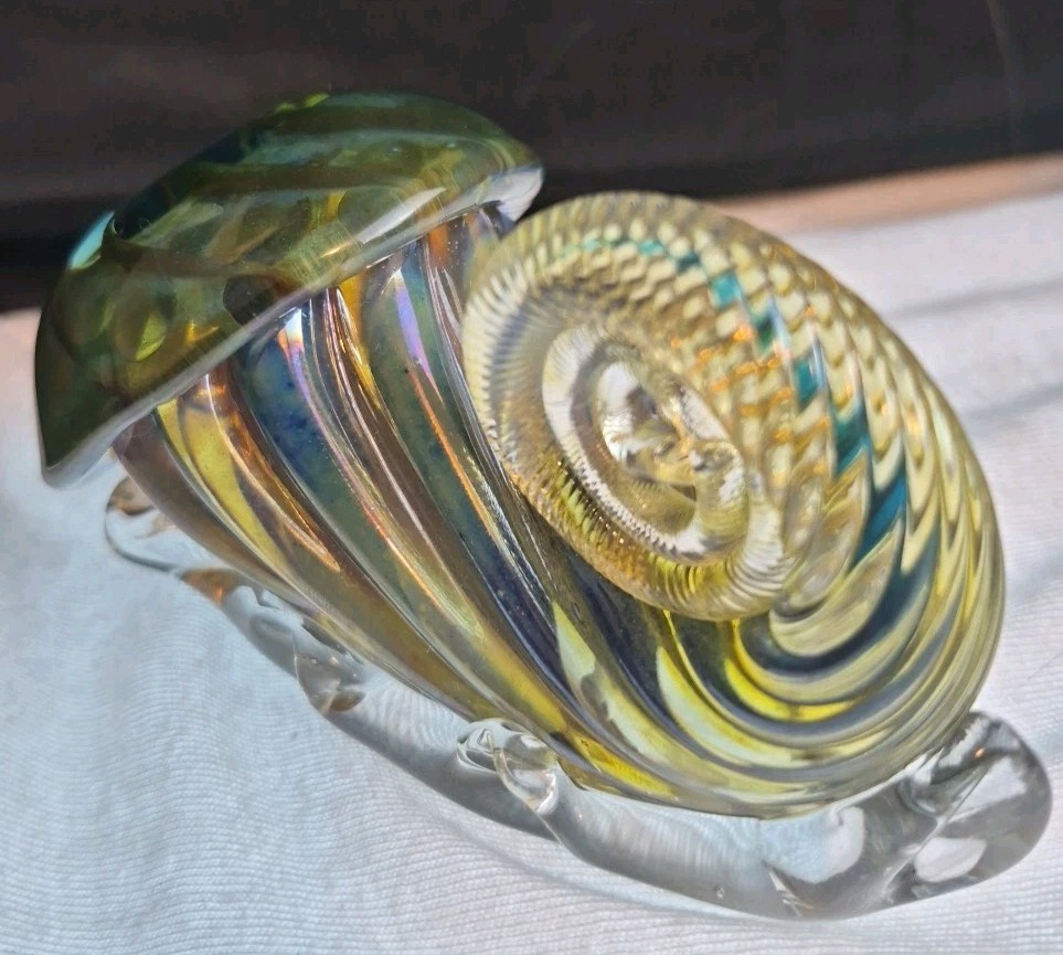 Artist Signed Iridescent Art Glass Nautilus Shell Inkwell Seaform Paperweight