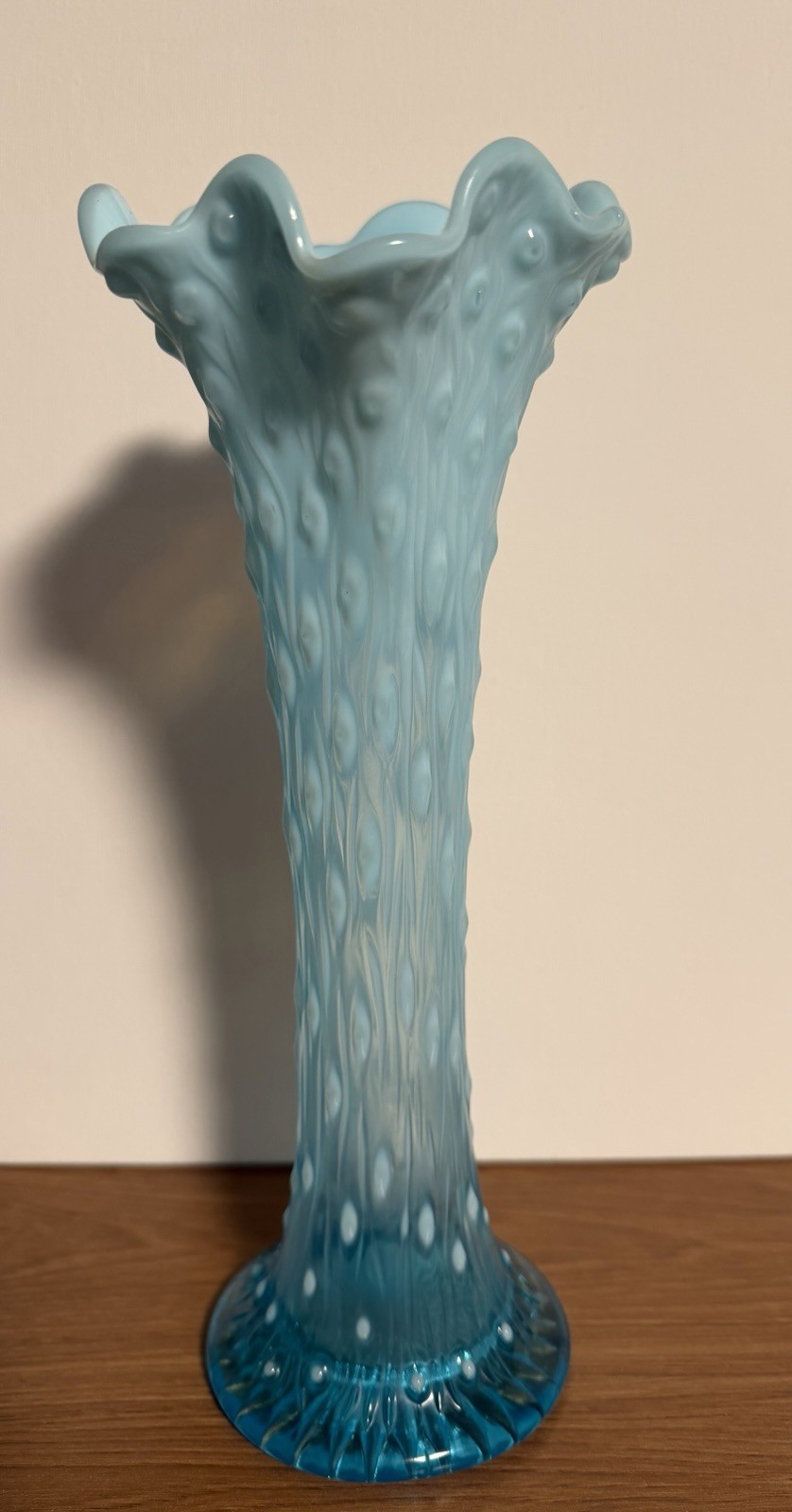 Northwood Blue Opalescent Glass Tree Trunk Pattern Swung Vase 11″ Tall
