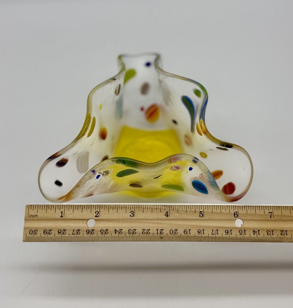 Murano style Canary Yellow Millefiori Stretched Abstract Glass Handkerchief Bowl