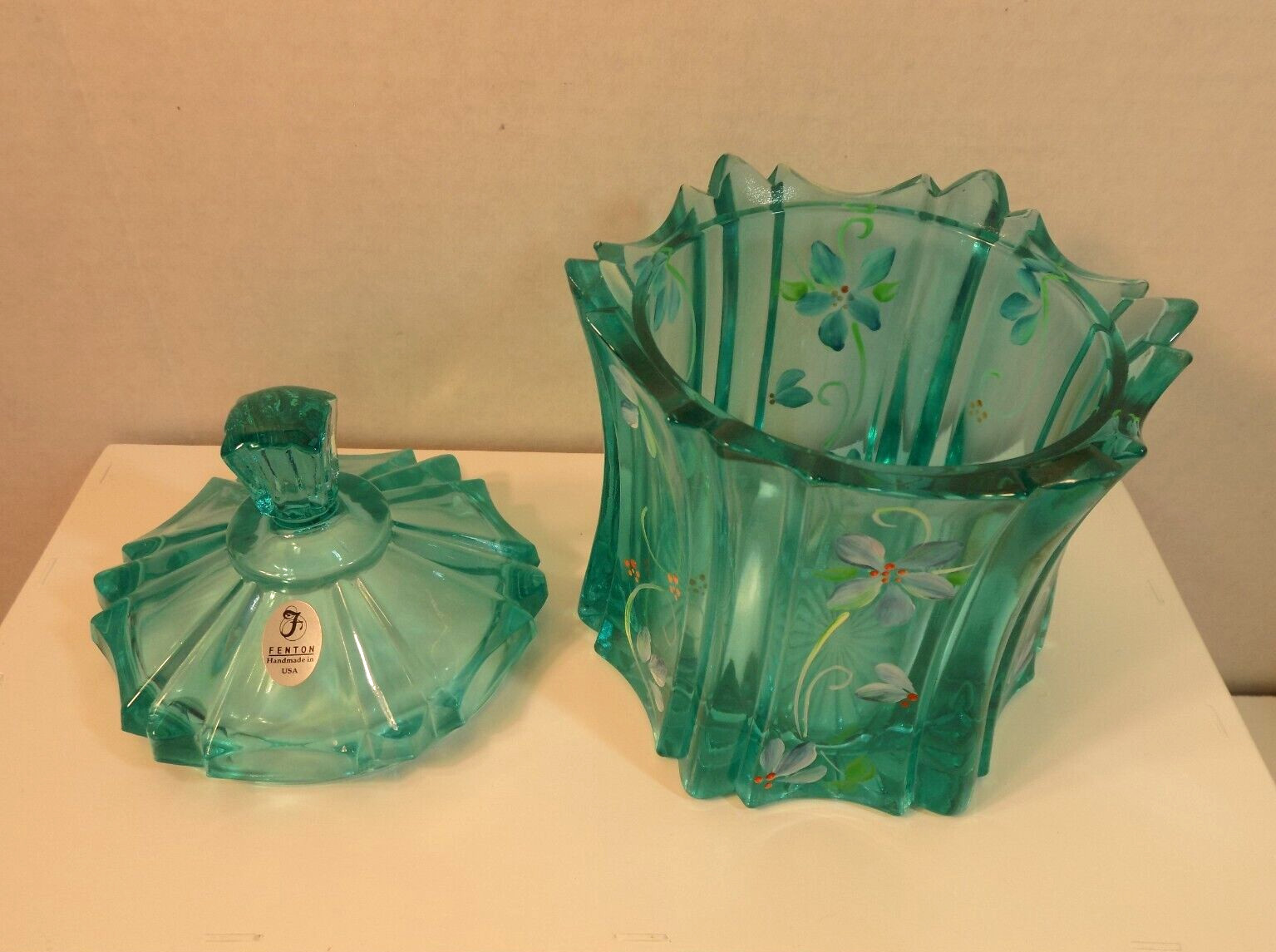 FENTON Vulcan Candy Box Jar w Lid Robins Egg Blue GLASS HP Floral Artist Signed
