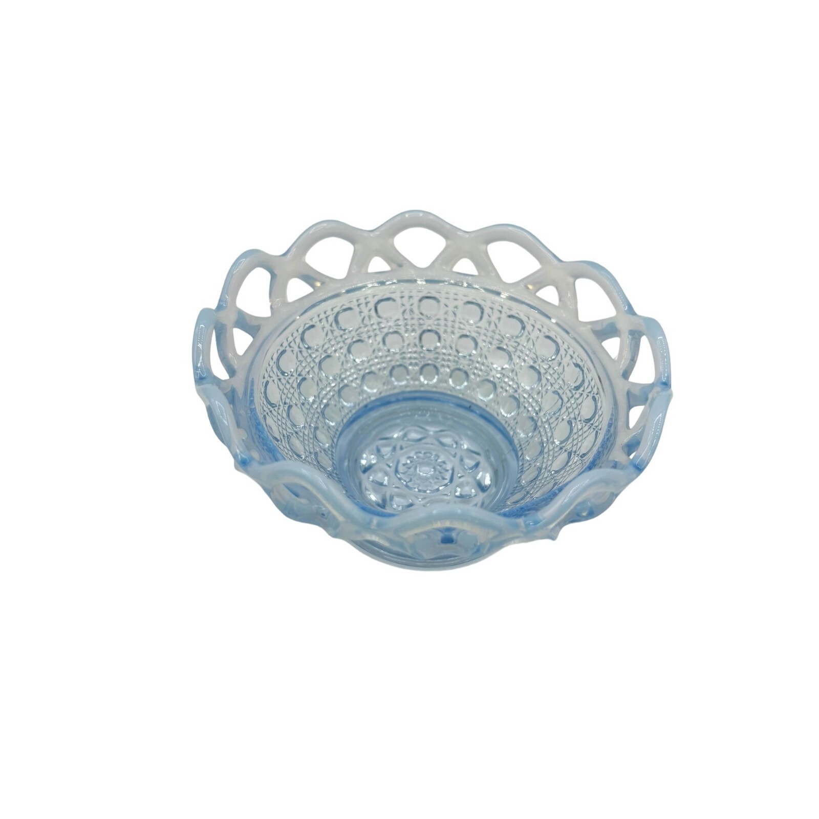 Vintage Imperial Glass Laced Edge Blue Opalescent Basket Bowl Candy Dish 5.25