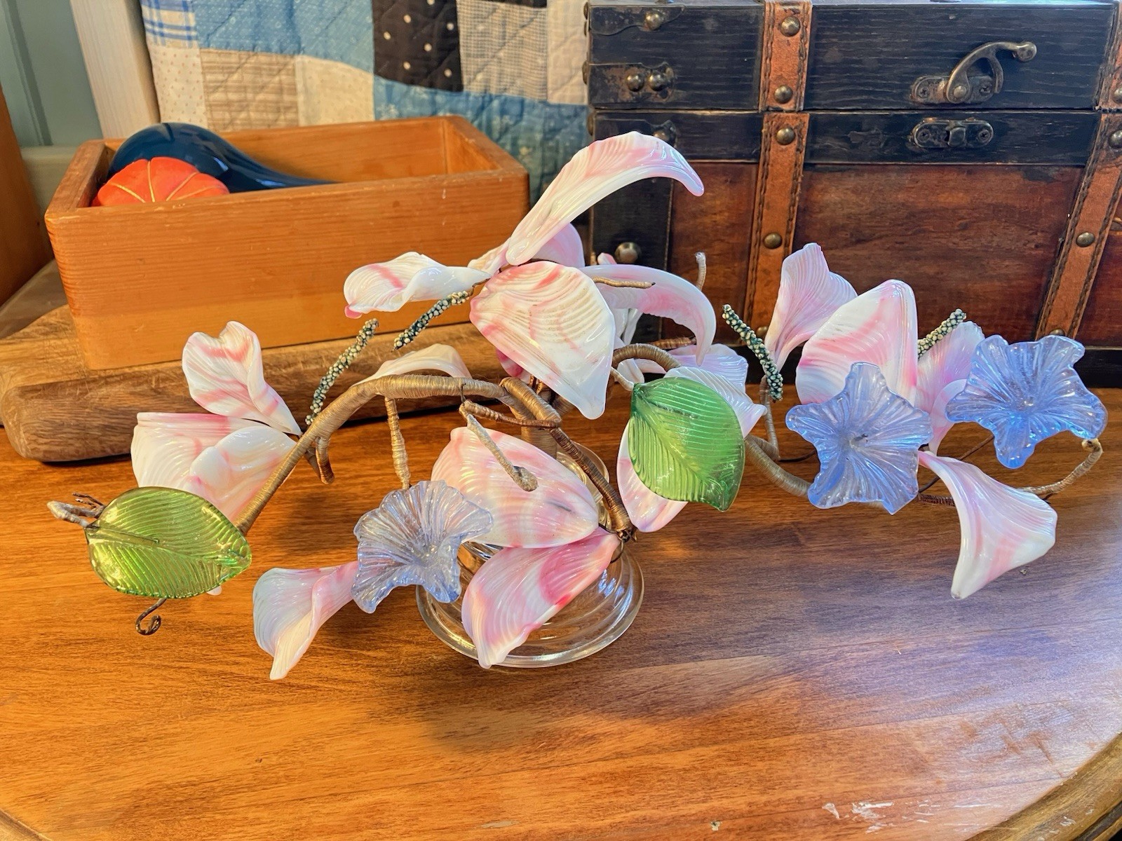 Lot 2 VTG Hand Blown Art Glass Slag Flowers Italian Venetian Murano Bouquet Wire