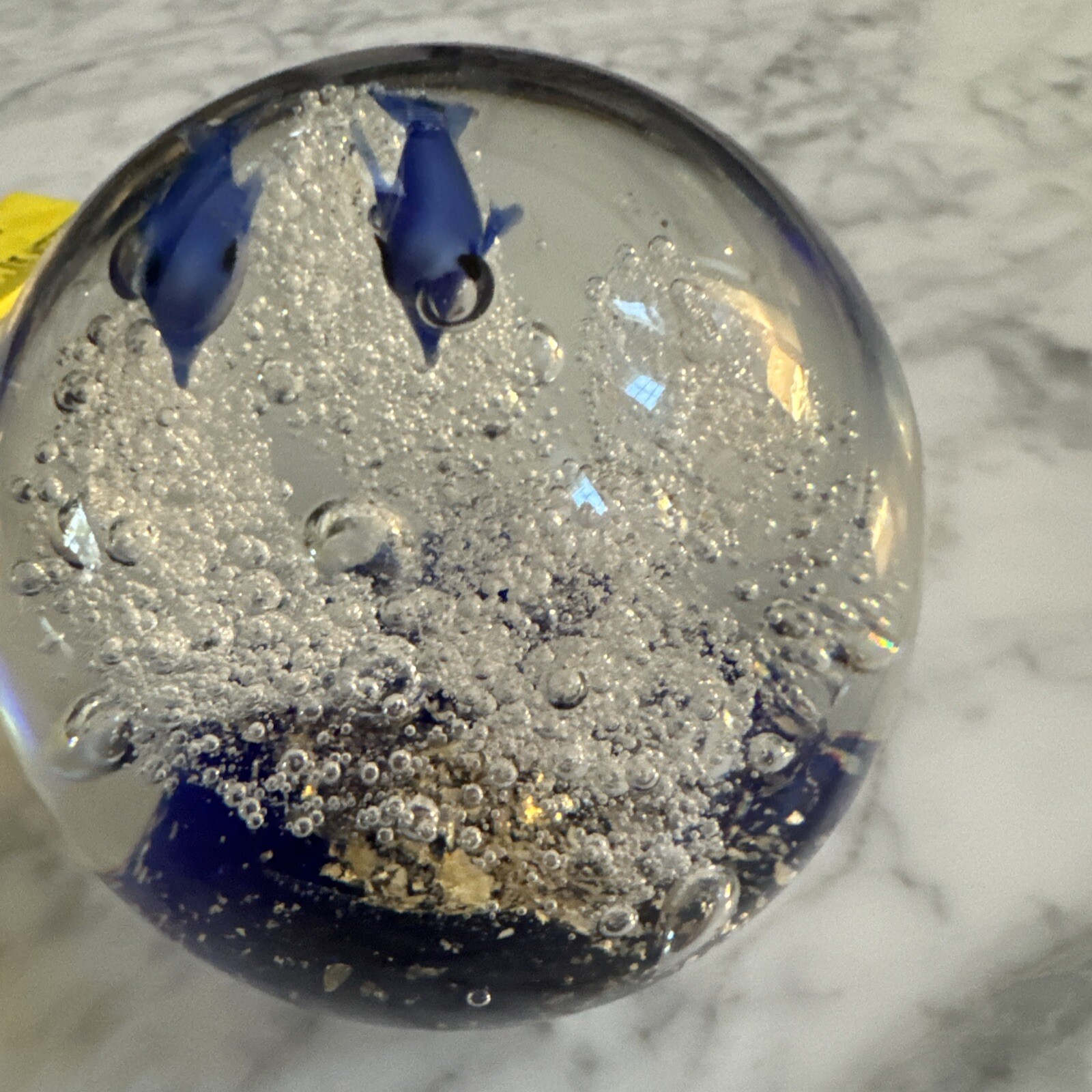Hand Blown Art Glass Paperweight 2 Dolphin’s Ocean Water Bubbles Mica Blue Sea