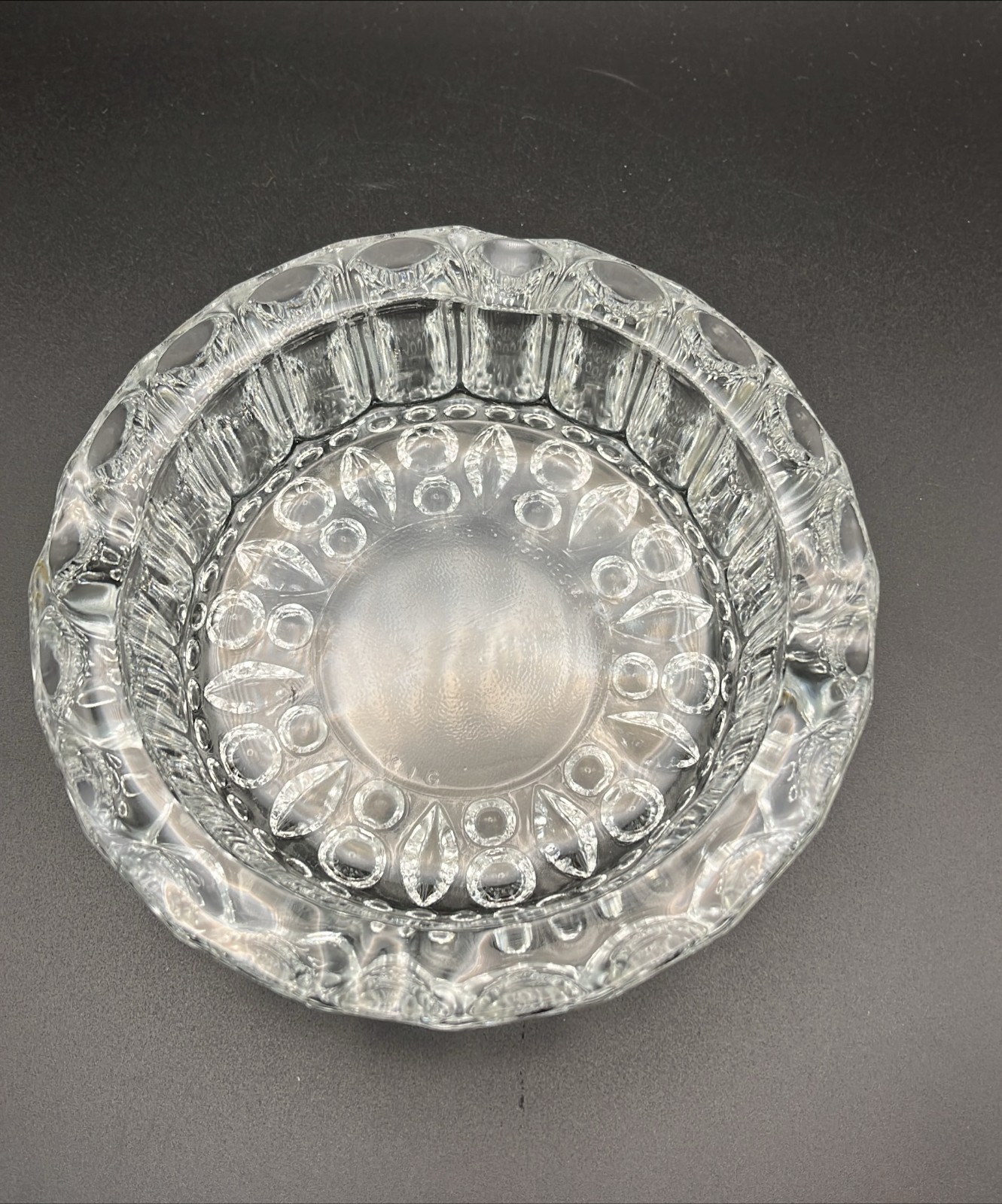 Vintage KIG Indonesia Heavy Clear Crystal Glass Thumbprint Ashtray Sparkling EUC