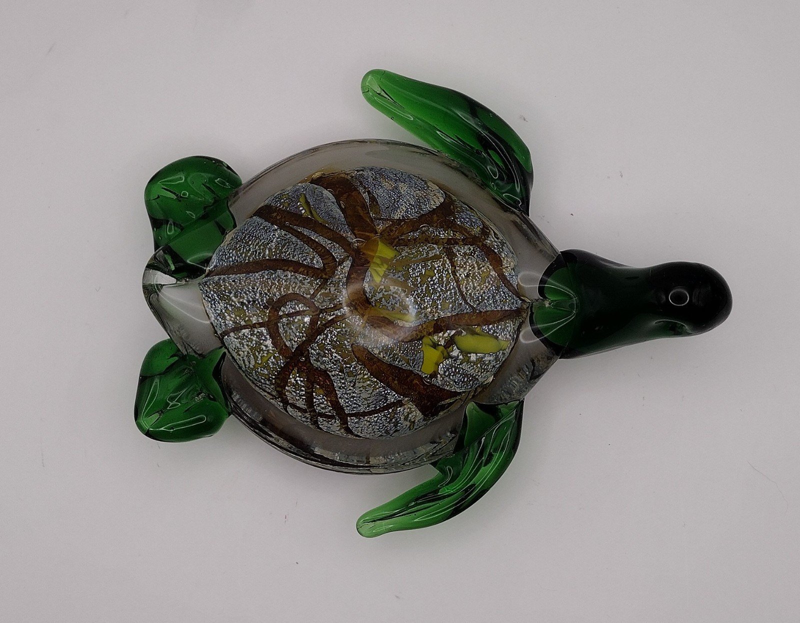 Murano Style Sea Turtle Glass Paperweight Figurine Hand-Blown Green Brown 6”