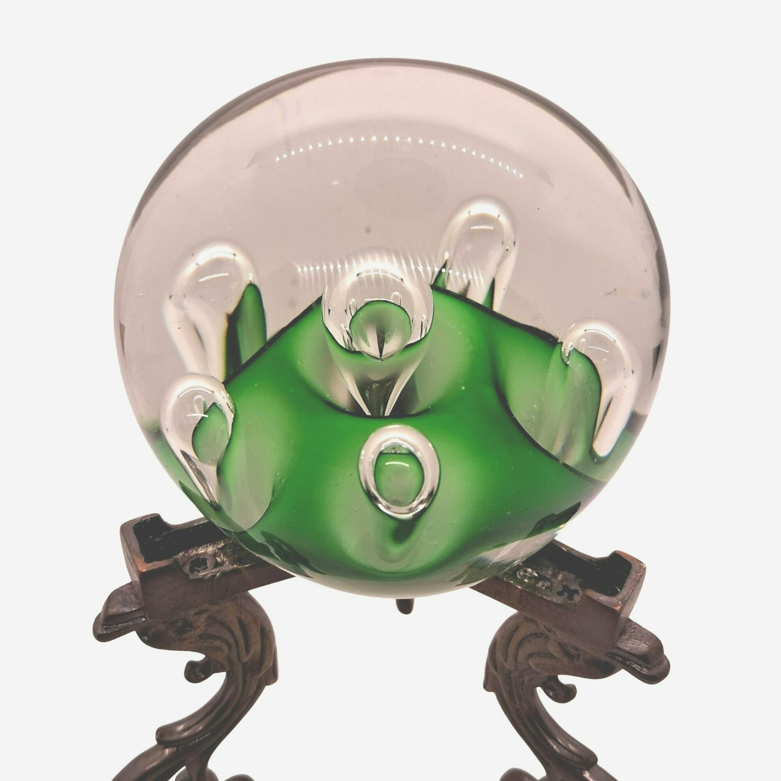 Vintage Green & Clear Art Glass Paperweight Controlled Bubble Design MCM