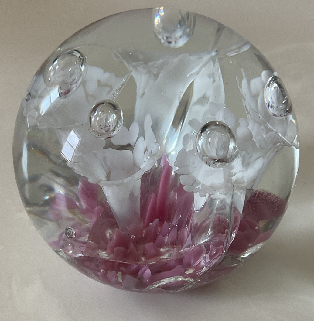 Elwood Pink White Trumpet Flowers Controlled Bubble Art Glass Paperweight AS IS