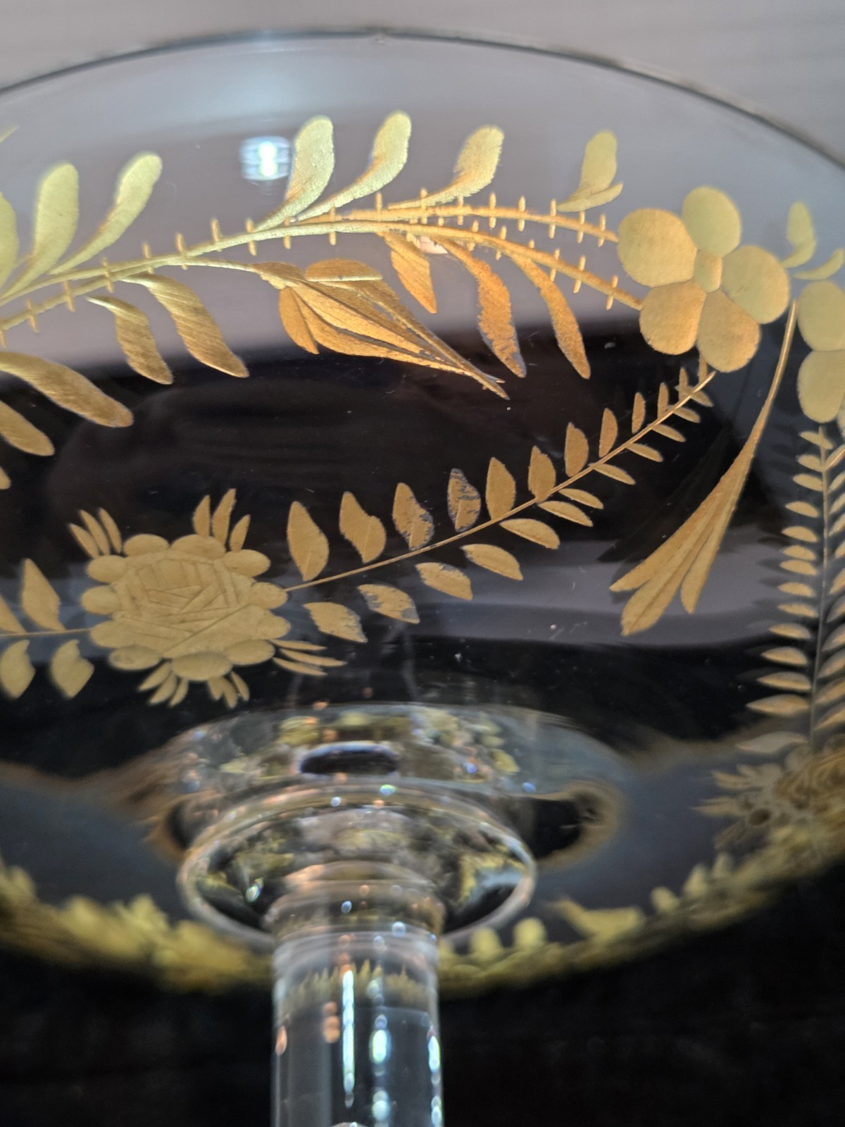 Antique Moser Tazza/ Compote Large Cut Crystal with Gold Gilt Intaglio Style 8″