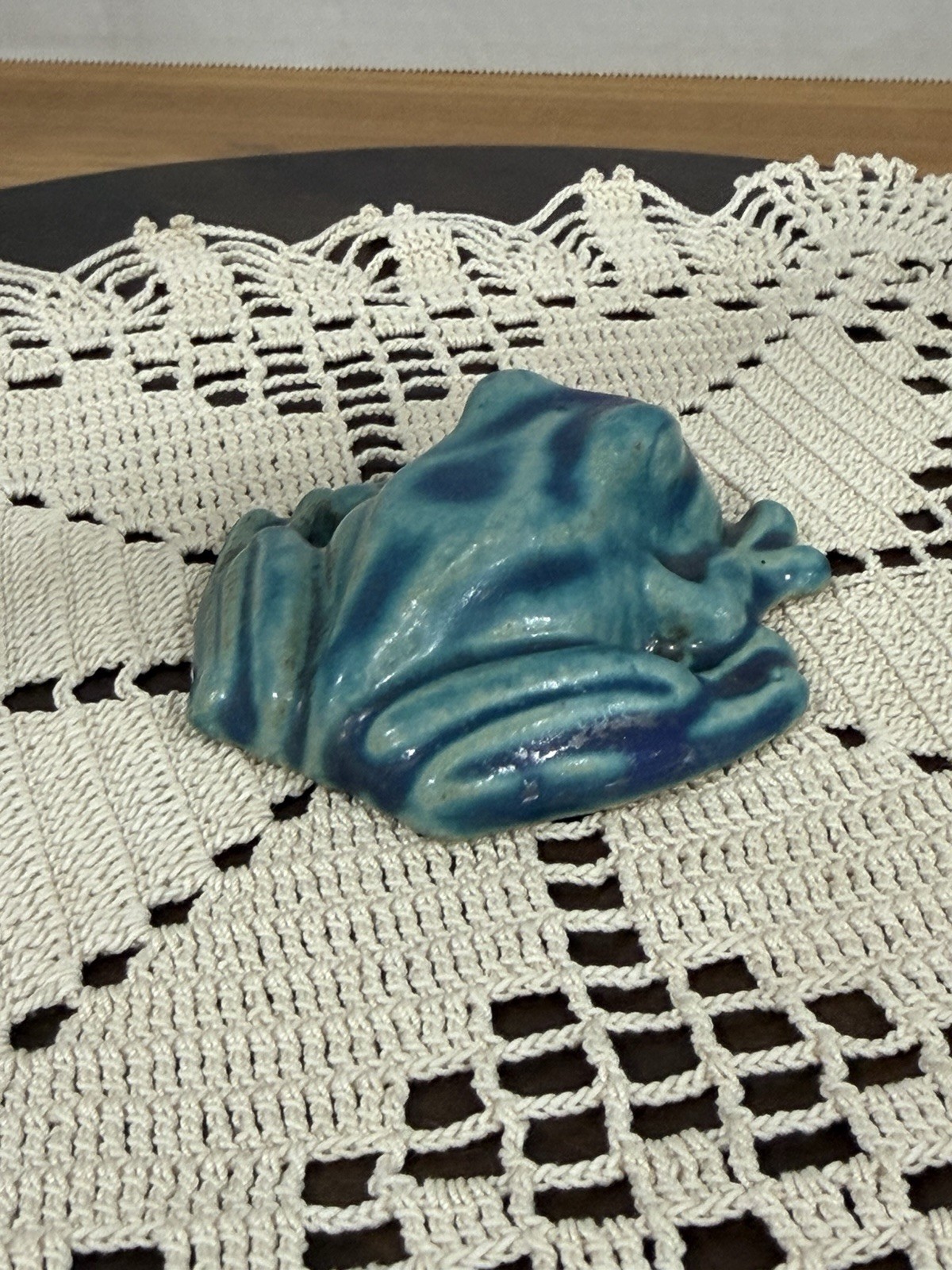 Pewabic Detroit Pottery Mottled Green Blue Frog Figurine Paperweight, Excellent