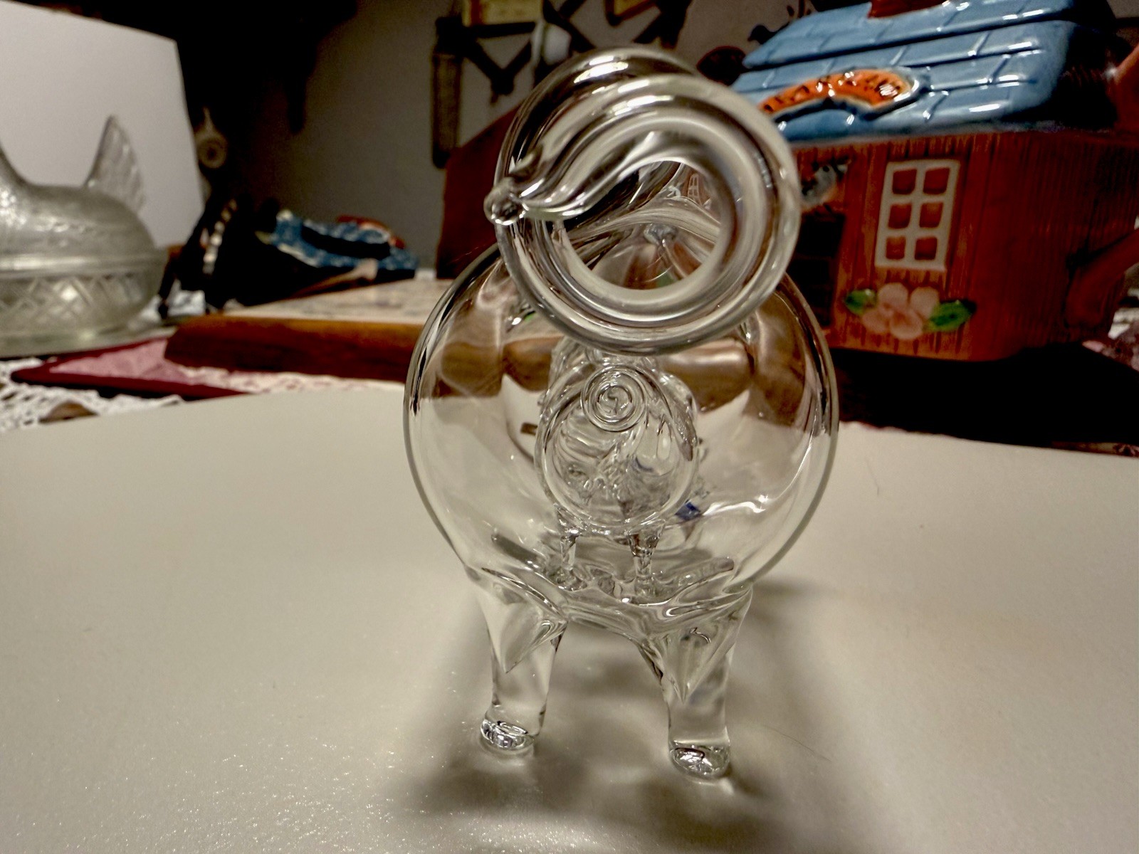 1970s Hand-blown clear glass sculpture titled “Pig in Pig in Pig”