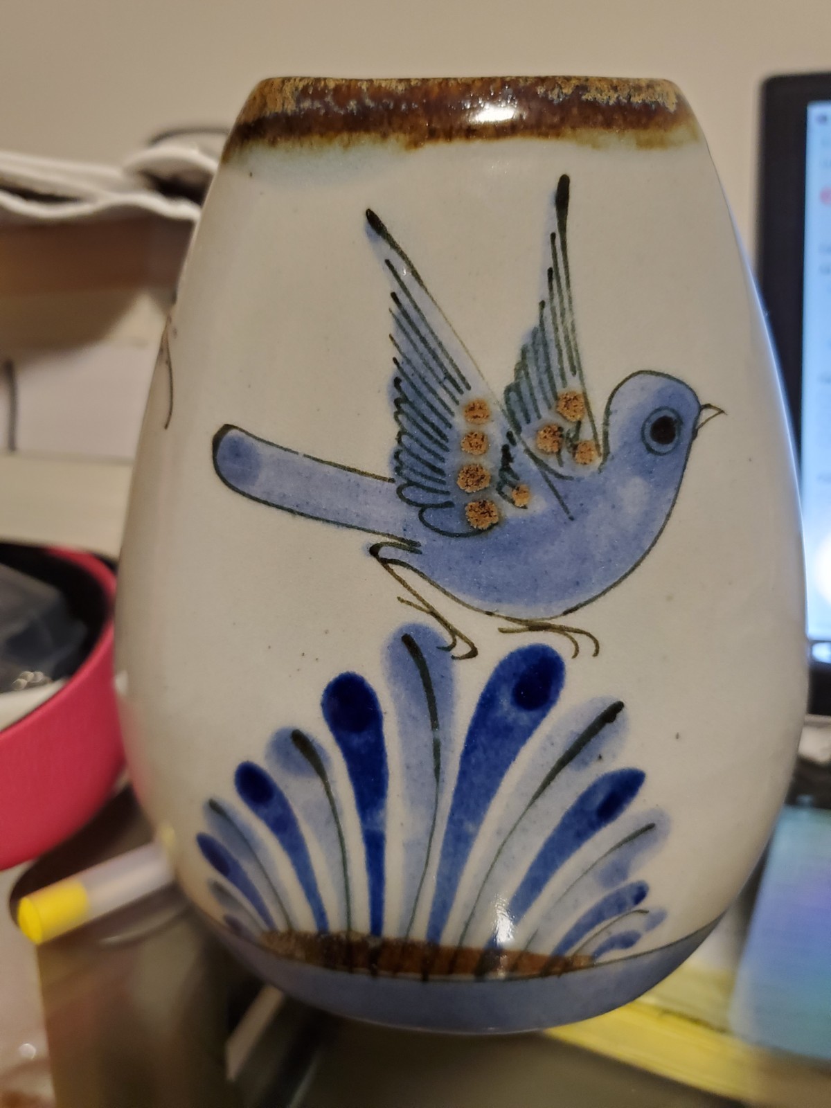 Mexico pottery El Palomar Vase Ken Edwards Tonala Bird Floral Double Side signed