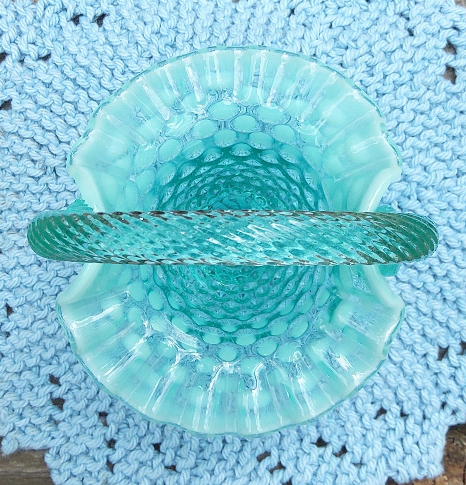 Fenton Glass Blue Opalescent Hobnail 6″ Basket Ruffled Edge Vintage