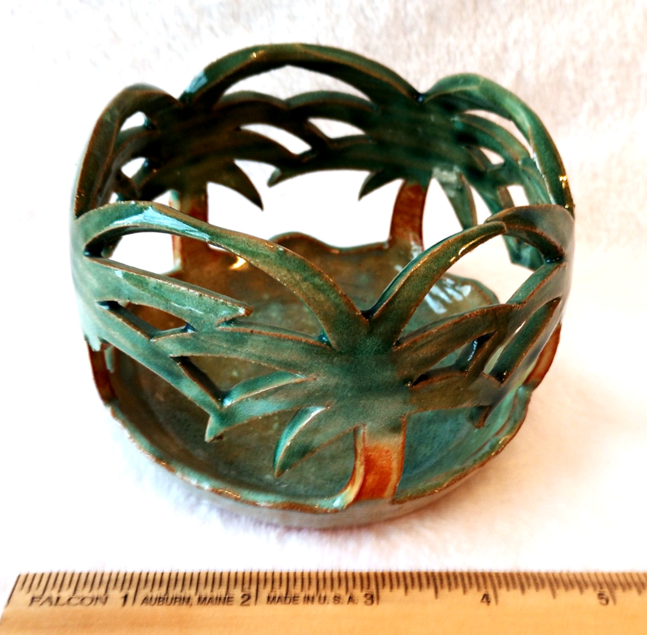 Art studio Pottery Palm Trees Motif Votive Candleholder Artist Signed Stoneware
