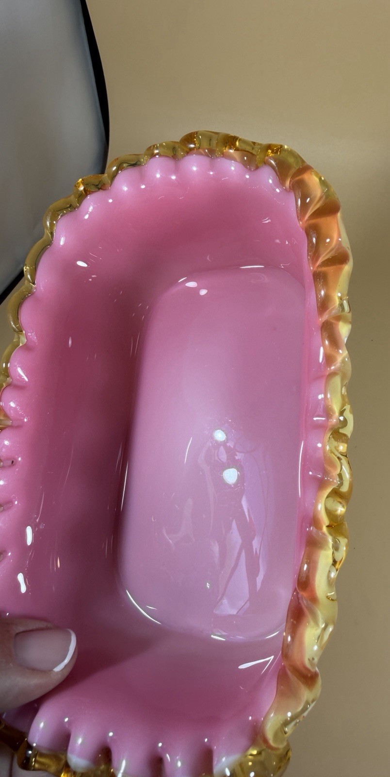 Peach Blown Glass Amber Crest -Crimped Fluted Rectangular Candy Dish -Art Glass