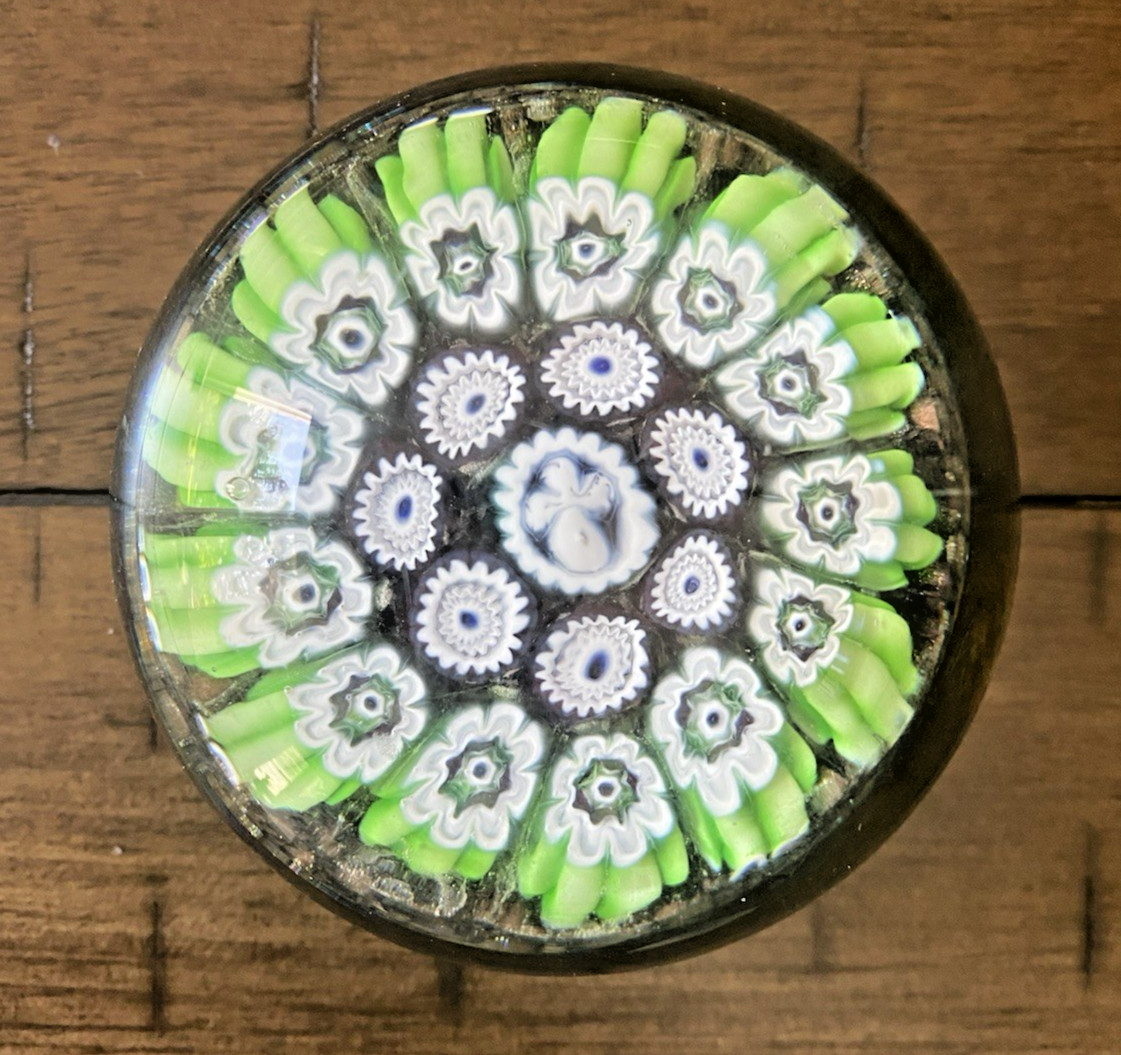 Concentric Murano Millefiori Green White Faceted Paperweight 3.25 Inch Vintage