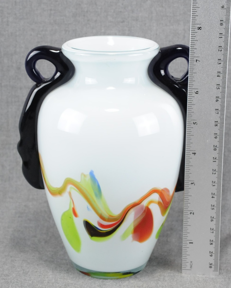 Multi-Colored Hand-Blown Artisan Glass Handled Vase, Contemporary Abstract