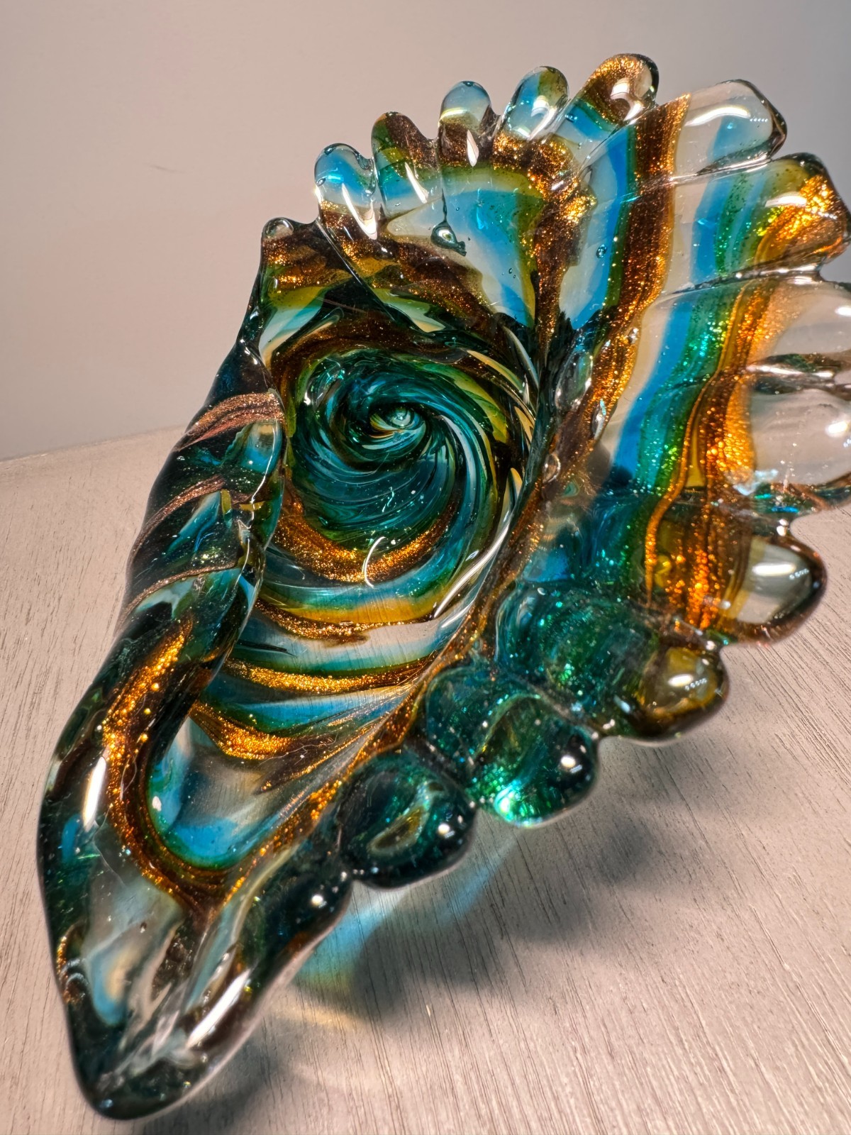 Blue/Green/Gold Swirl Blown Glass Conch Shell Sculpture, Excellent Condition