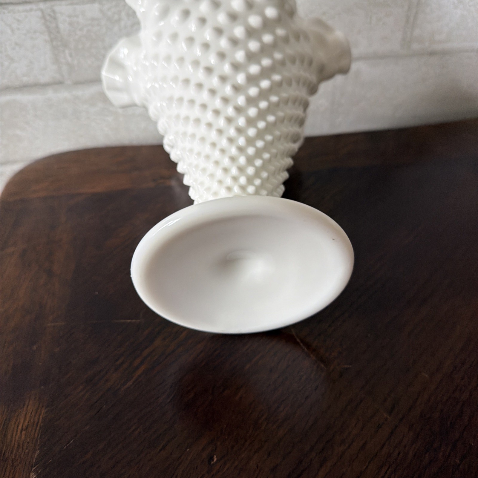 Vintage Fenton White Milk Glass Hobnail 7.5” Trumpet Pedestal Vase Ruffled Edge