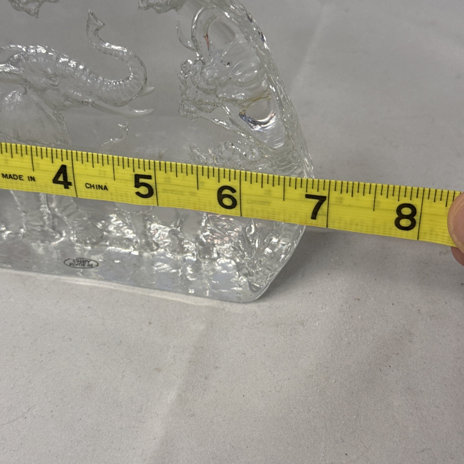 Clear Etched Art Glass Elephant Trunk Up Paper Weight 2.3lbs 5 7/8”x 4 7/8”x1”