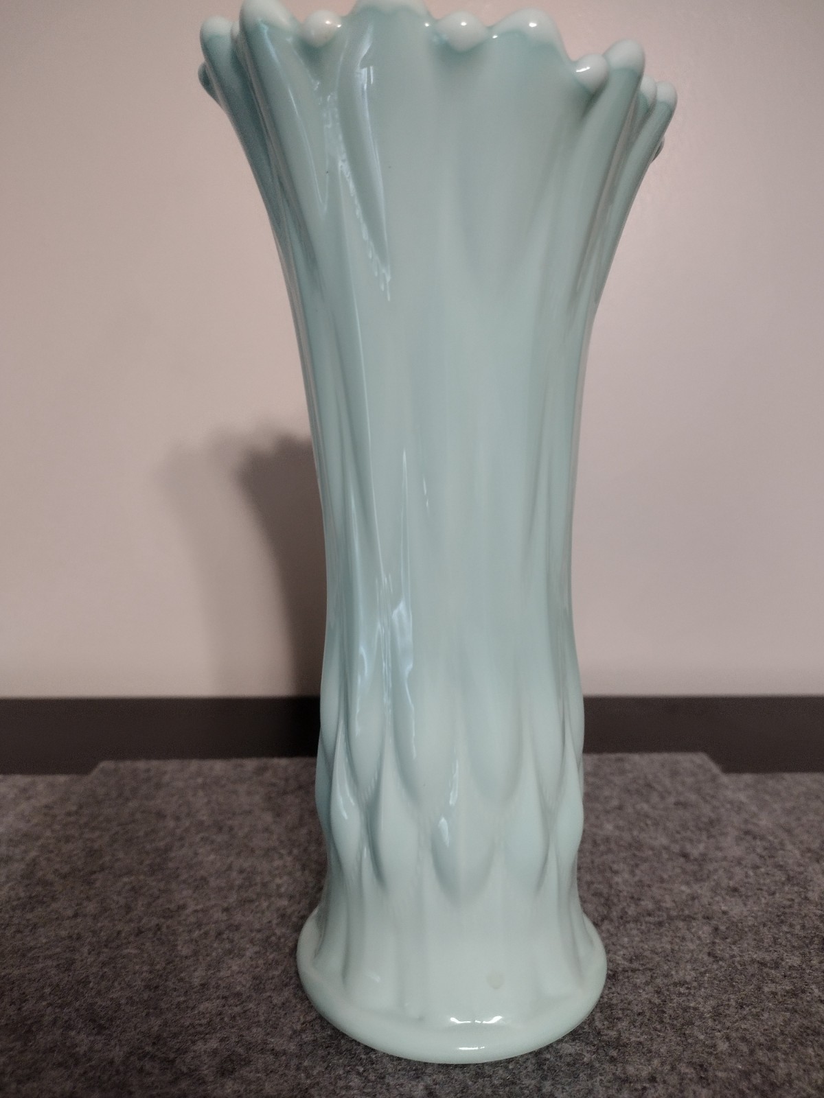 Fostoria vintage aqua blue opalescent swung “milk” glass vase, 9 inches