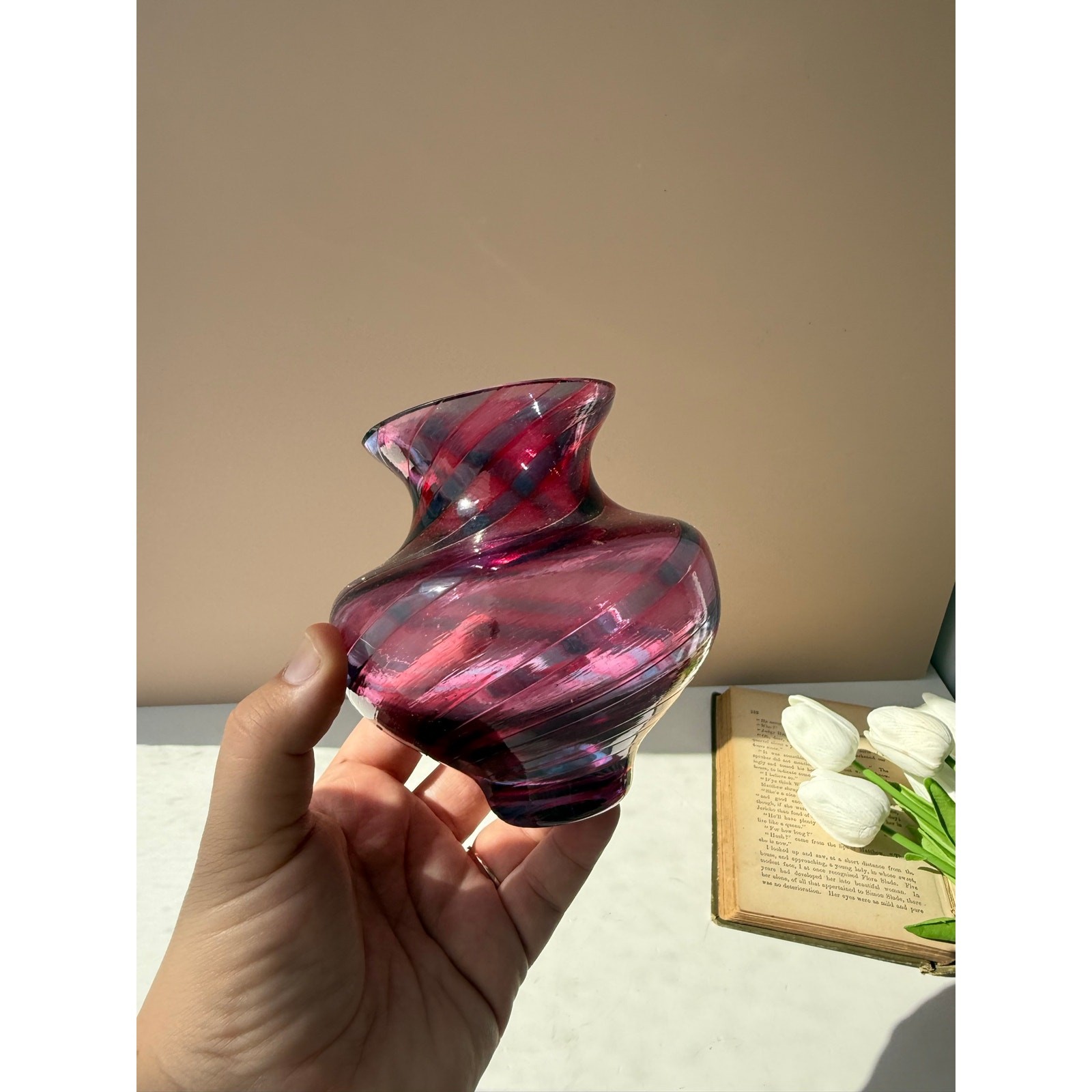 Caithness Scotland Hand Blown Purple & Blue Swirl Art Glass Vase Scottish Glass