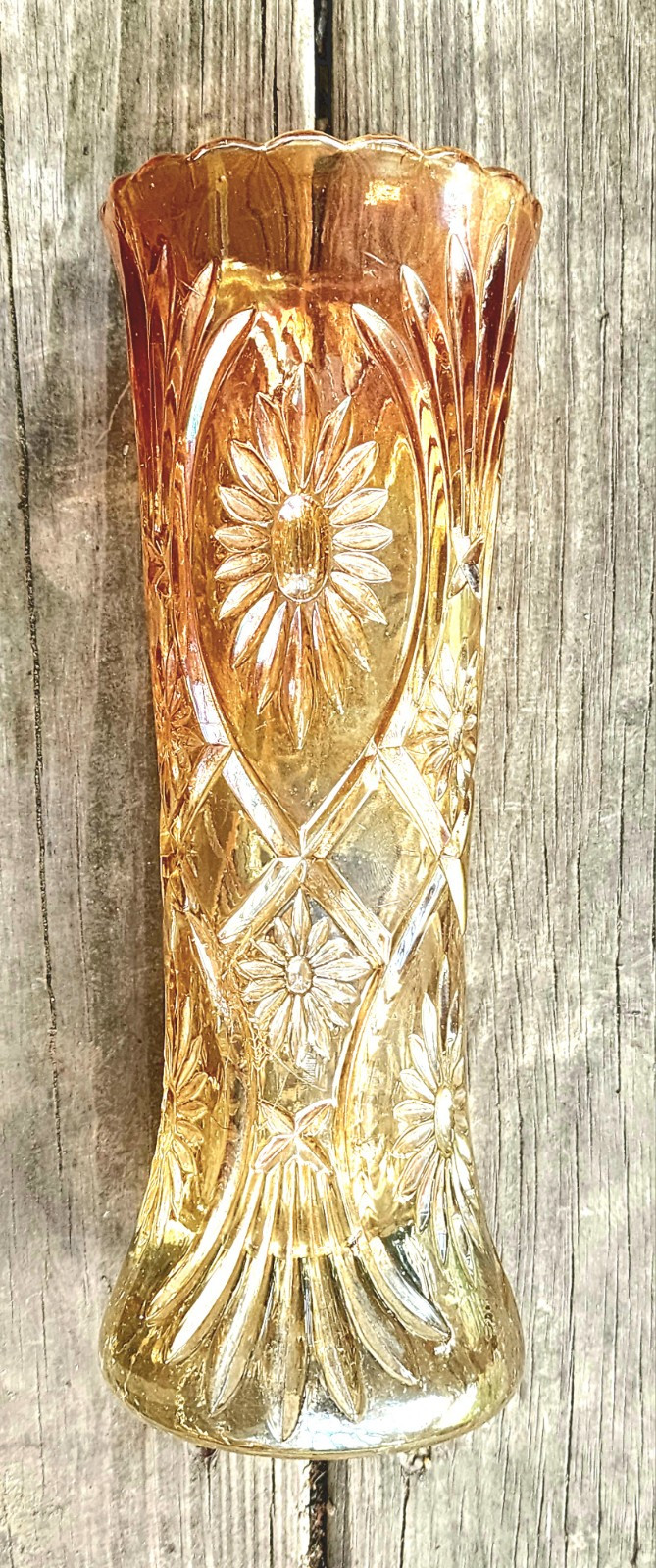 CARNIVAL GLASS VASE MARGUERITE by Morawski of Poland marigold EXTREMELY RARE