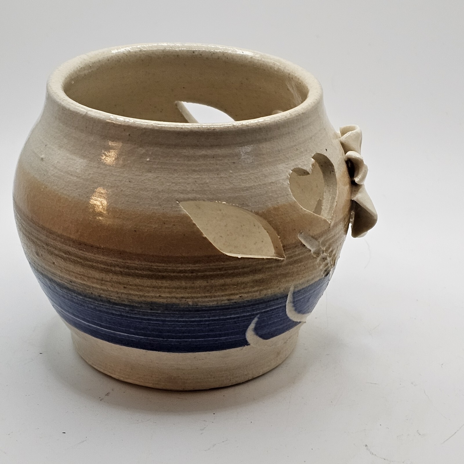 Studio Art Pottery Candle Votive Holder Floral Design Signed READ