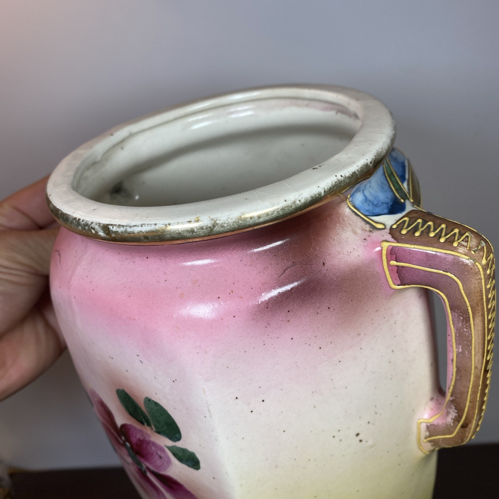 Miyako Post Nippon Floral Pink Yellow Blue Gold Grapes Handled Vase Raised Dots