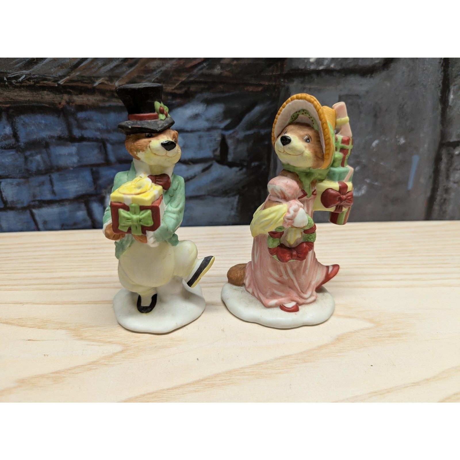 Vintage Enesco 2 Jane Chambless Christmas Carol Weasel Figurines Porcelain