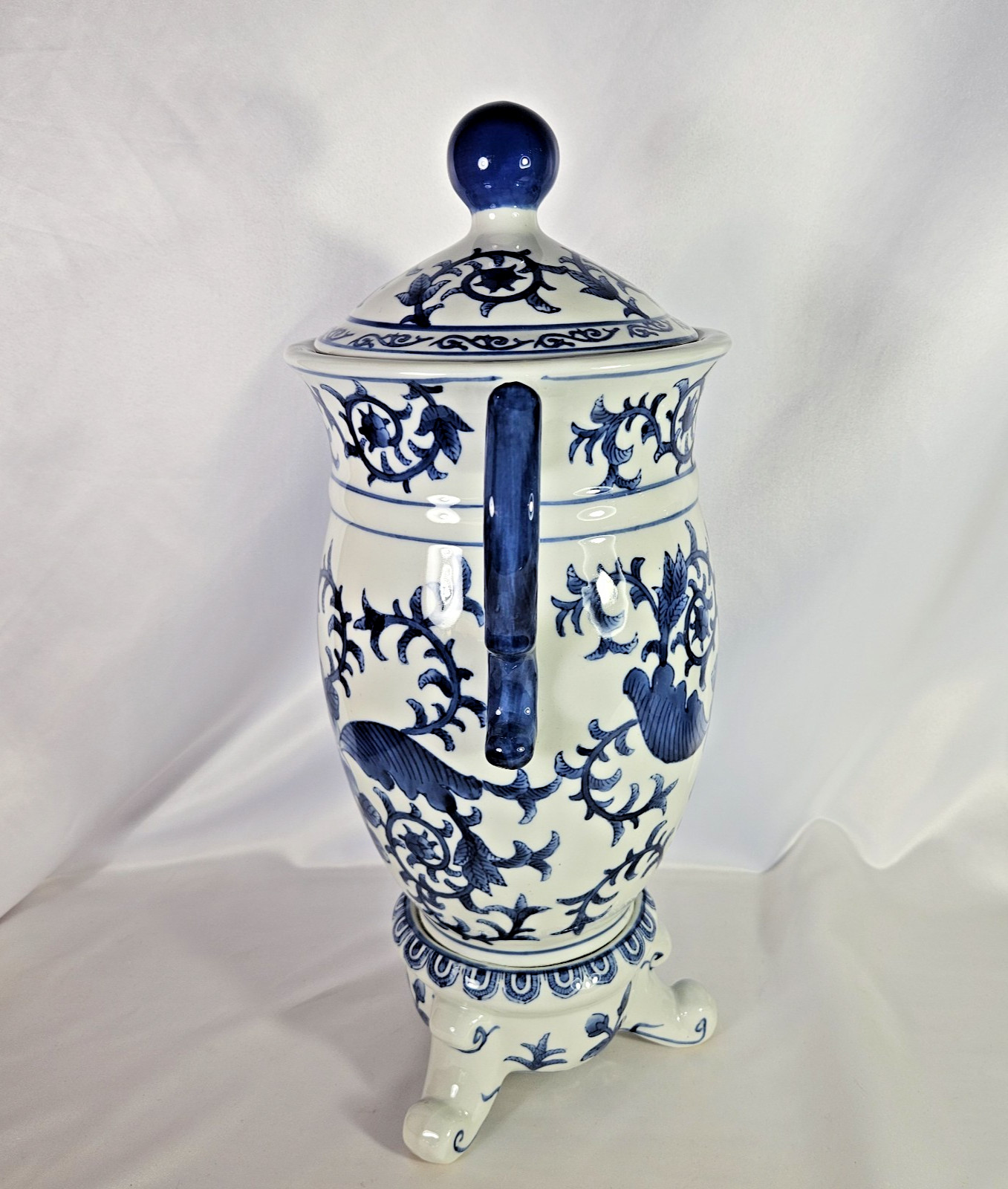 Vintage Bombay Company Blue and White Ceramic Ginger Jar Urn w/ Handles Feet Lid