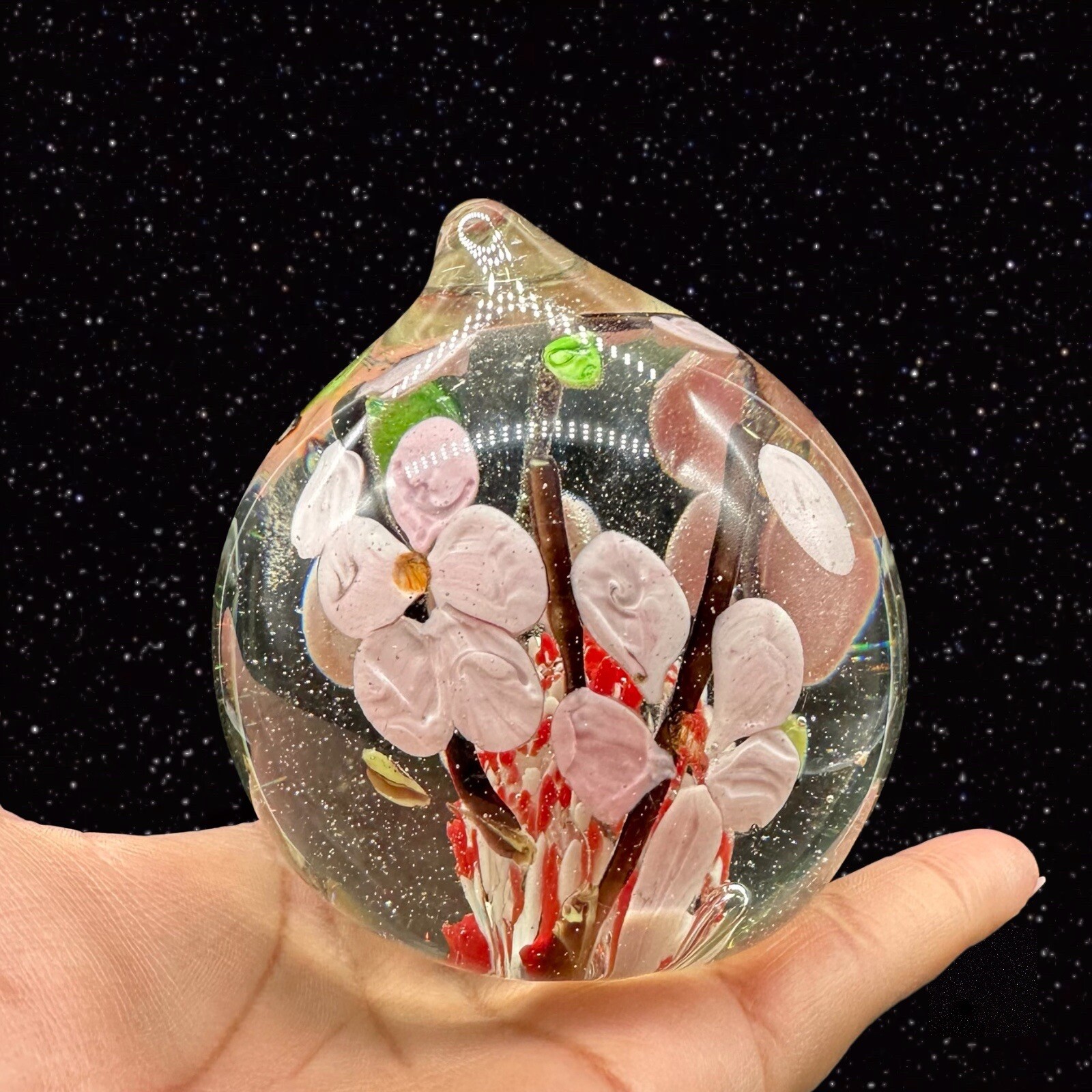 Czech Art Glass Peach Shaped Paperweight Cherry Blossom Tree Glass Orb Round 3”W