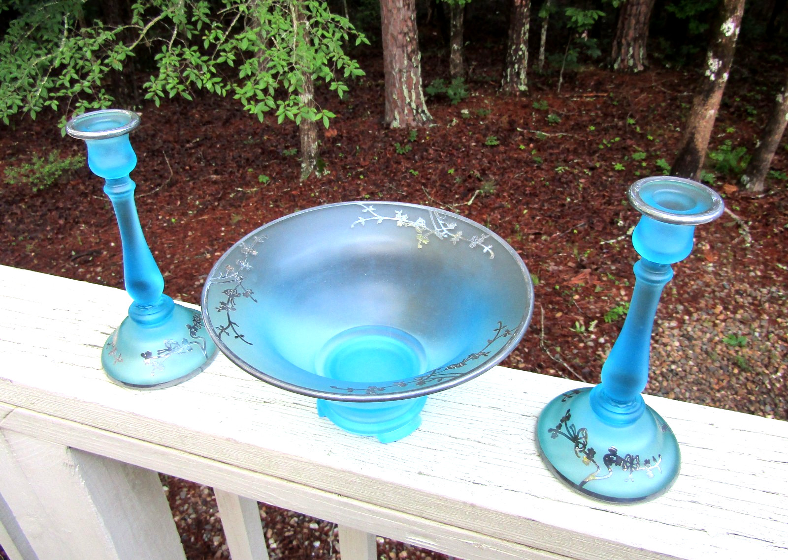 Tiffin Sky Blue Satin Glass CONSOLE BOWL & CANDLESTICK HOLDERS / Silver Overlay