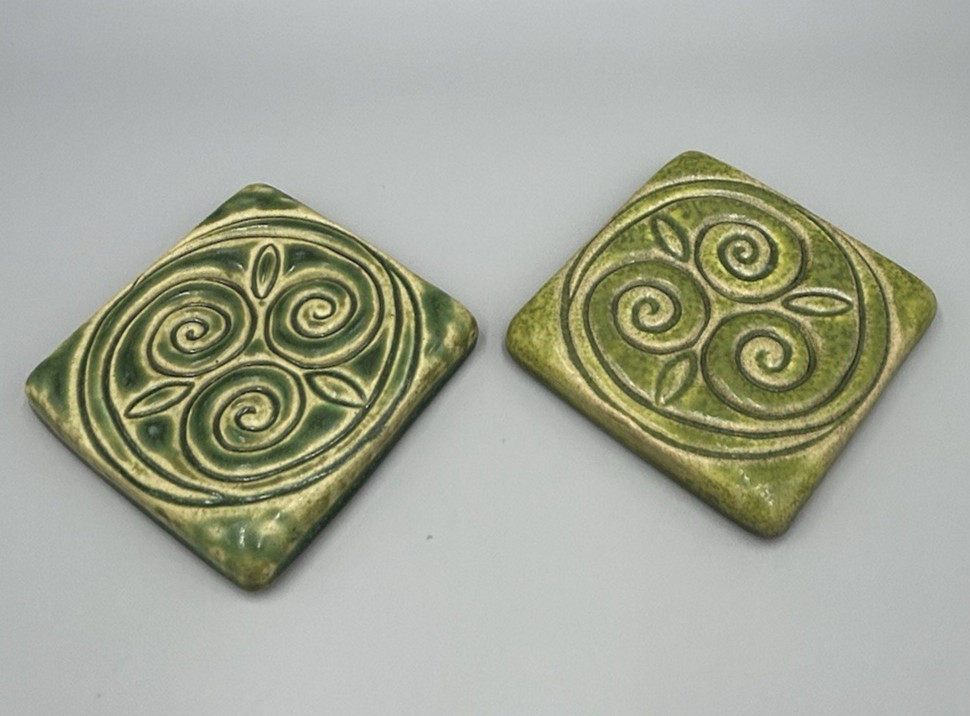 Pewabic Pottery Matte Green Swirl Snowflake Leaf Tree Square Tile Set of 4 READ