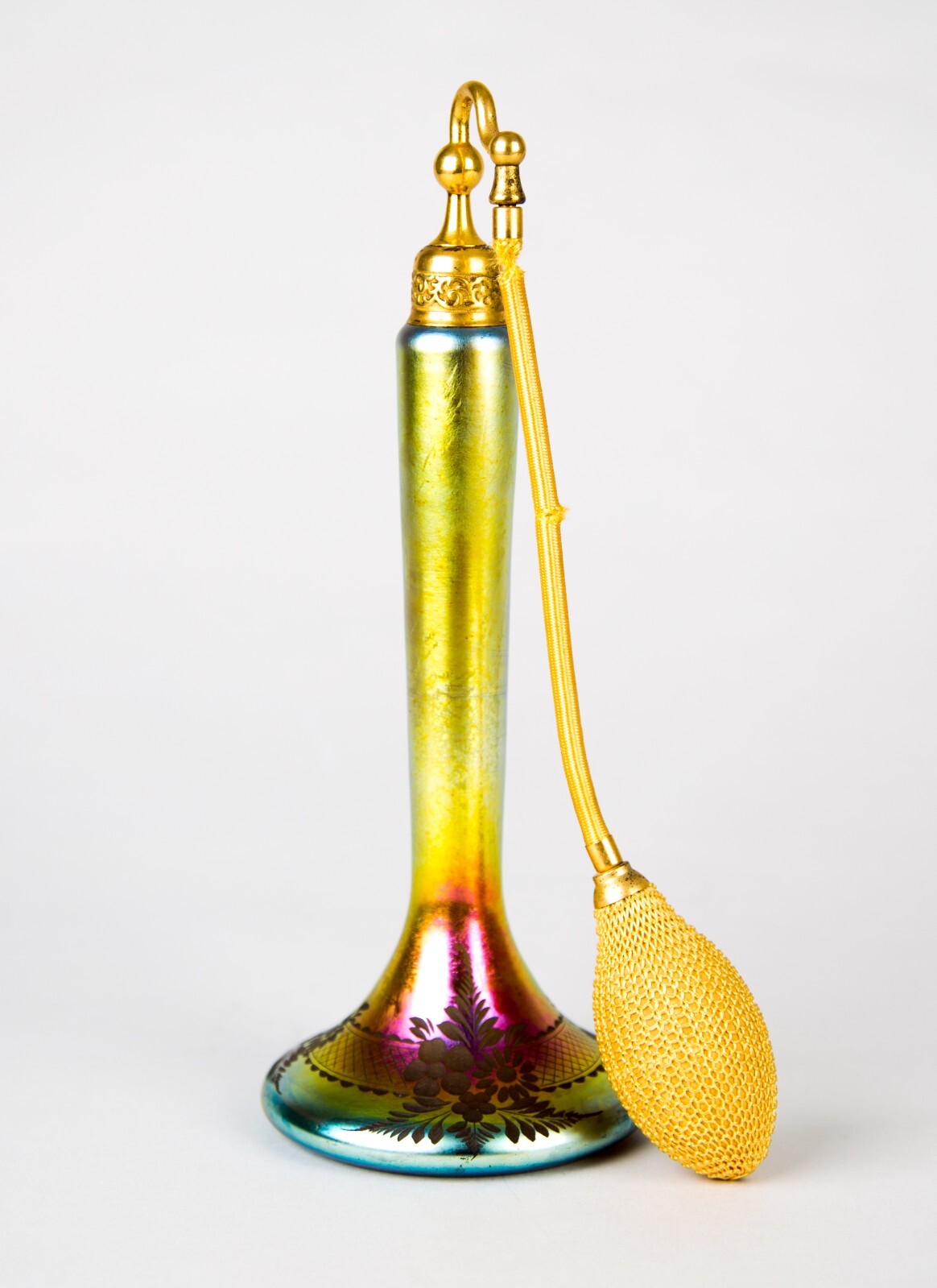 Steuben DeVilbiss Atomizer Aurene Wheel Cut Floral Art Glass Perfume Bottle