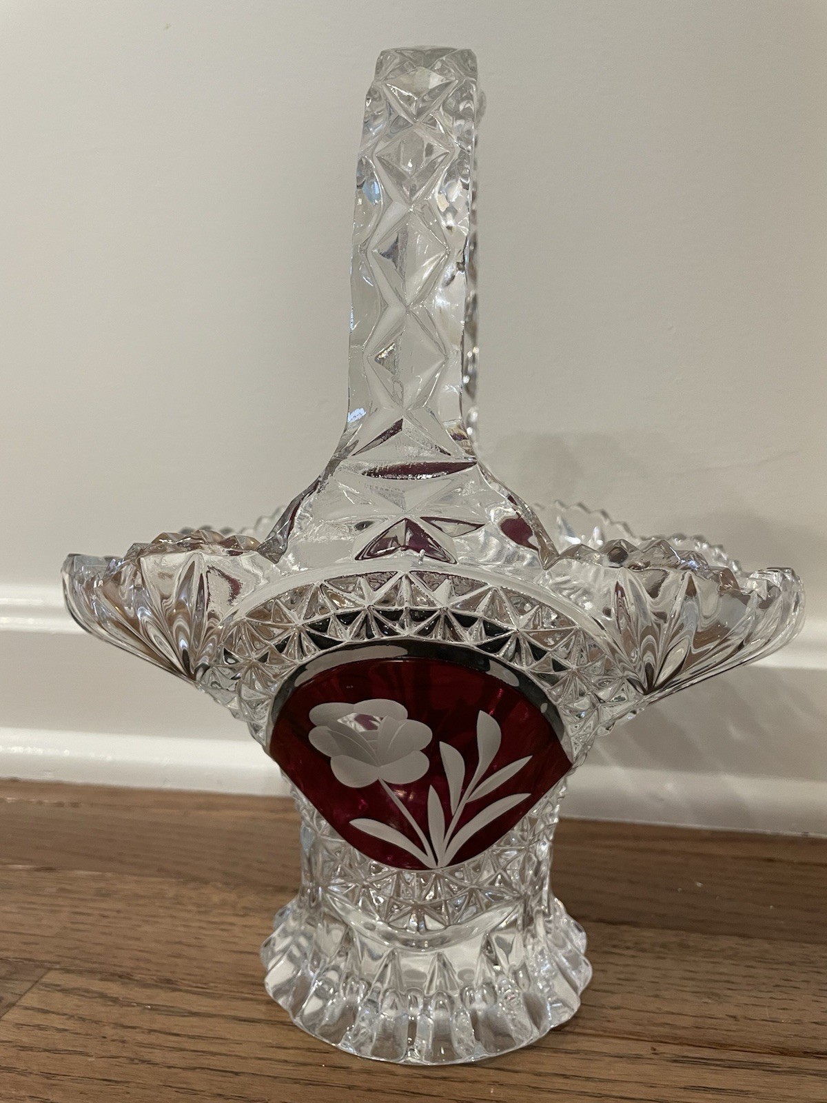 Vintage Crystal Clear & Ruby Red Basket with Handle with Etched Rose